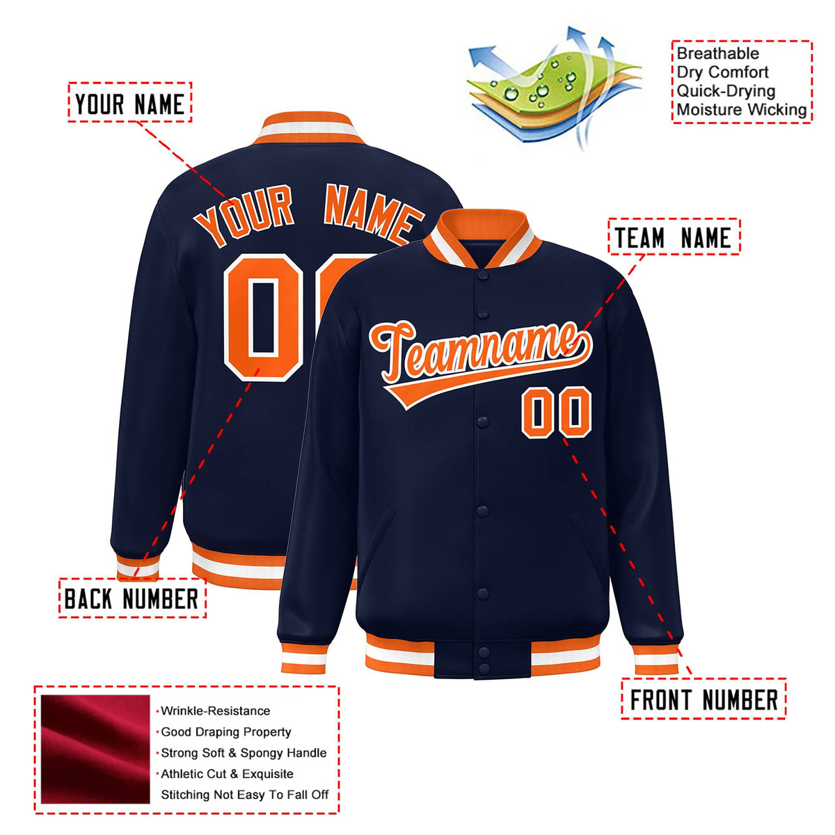 Custom Navy Orange-White Bomber Full-Snap Varsity Letterman Jacket