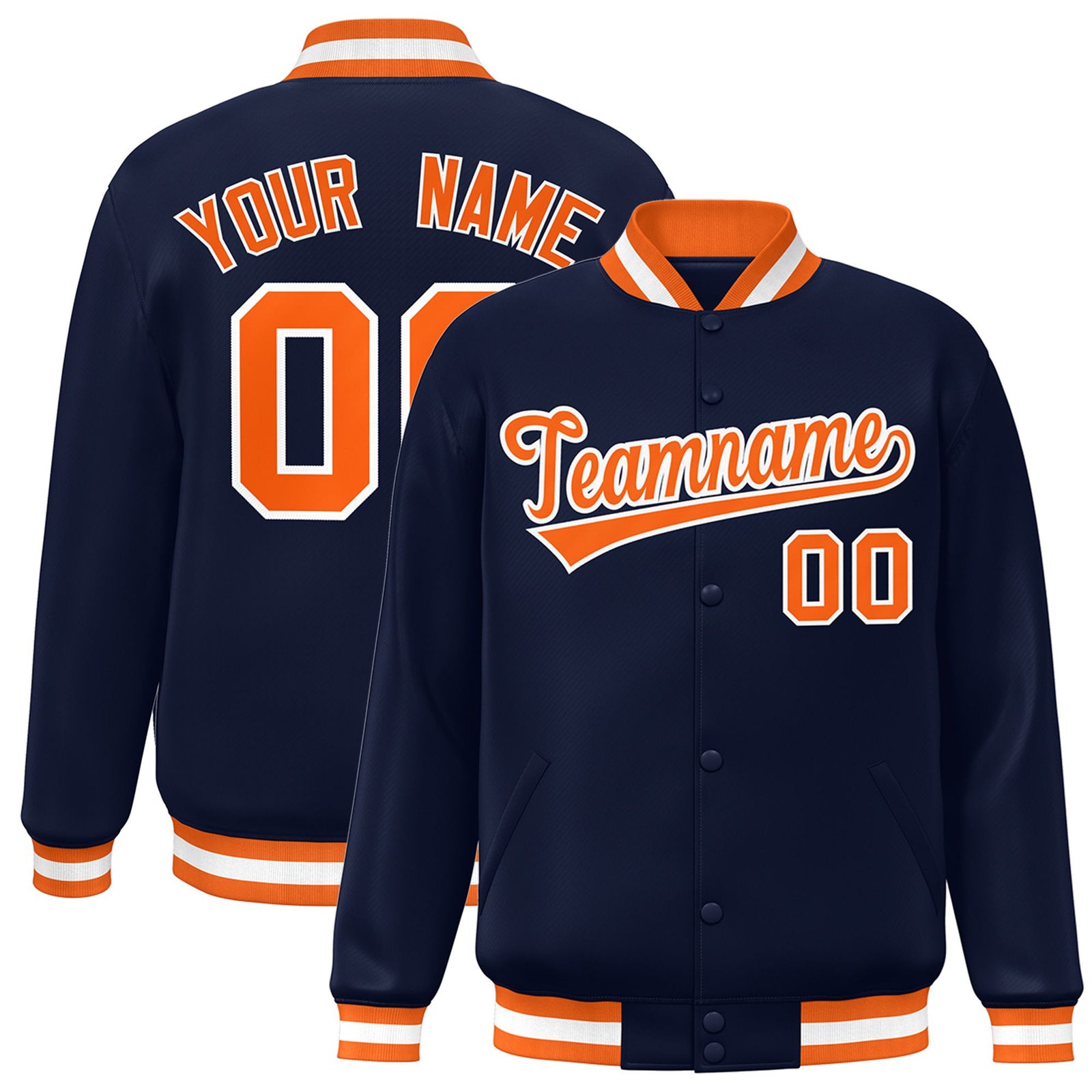 Custom Navy Orange-White Bomber Full-Snap Varsity Letterman Jacket