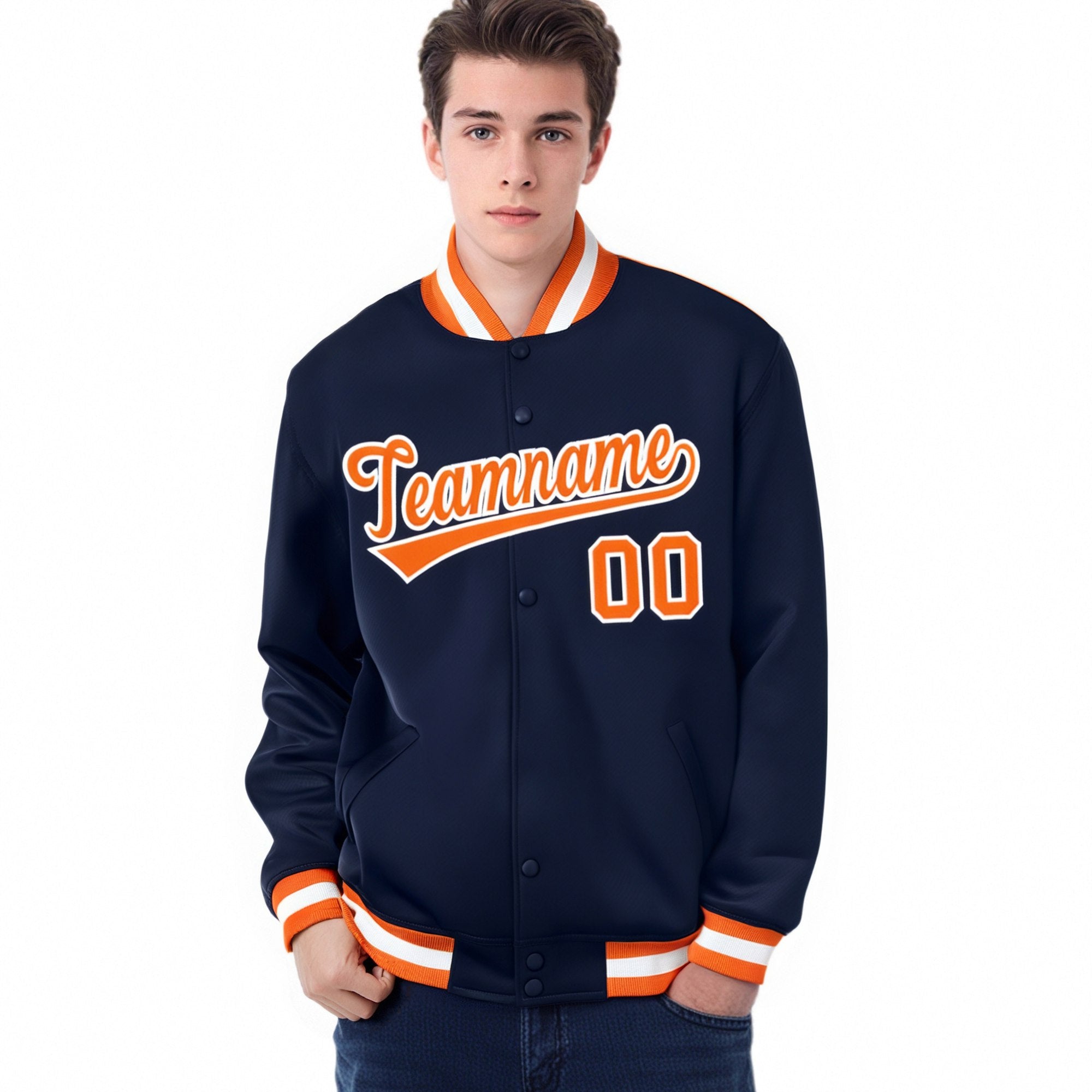 Custom Navy Orange-White Bomber Full-Snap Varsity Letterman Jacket