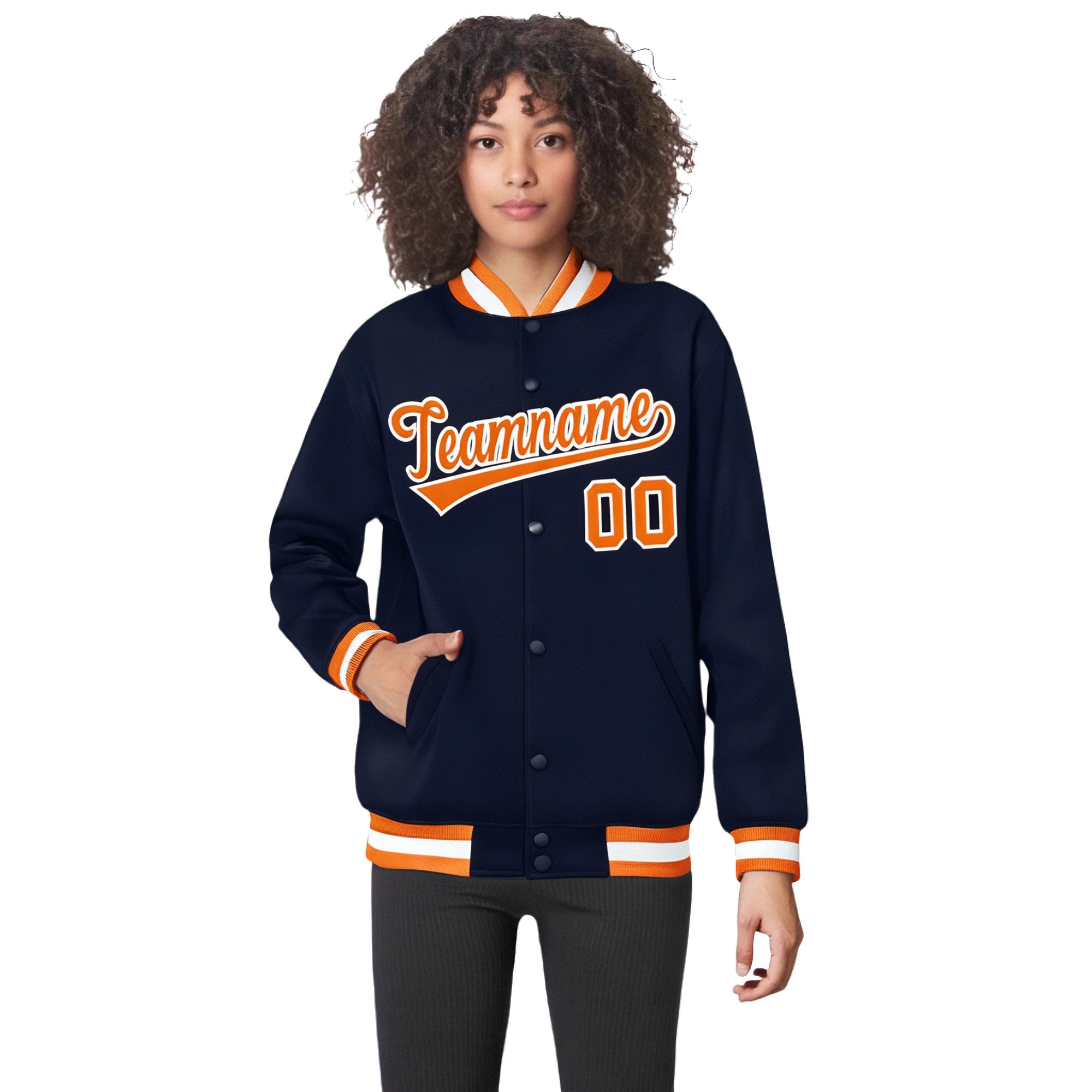 Custom Navy Orange-White Bomber Full-Snap Varsity Letterman Jacket