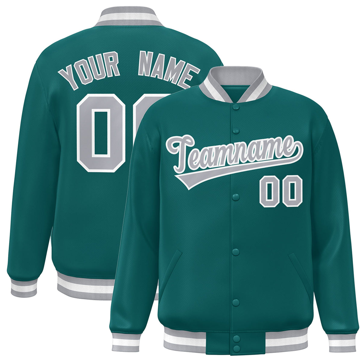 Custom Aqua Gray-White Bomber Full-Snap Varsity Letterman Jacket