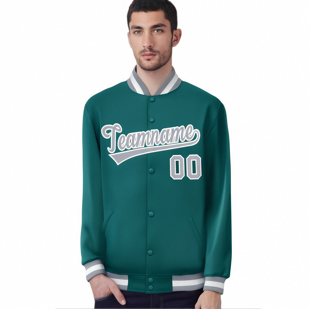 Custom Aqua Gray-White Bomber Full-Snap Varsity Letterman Jacket