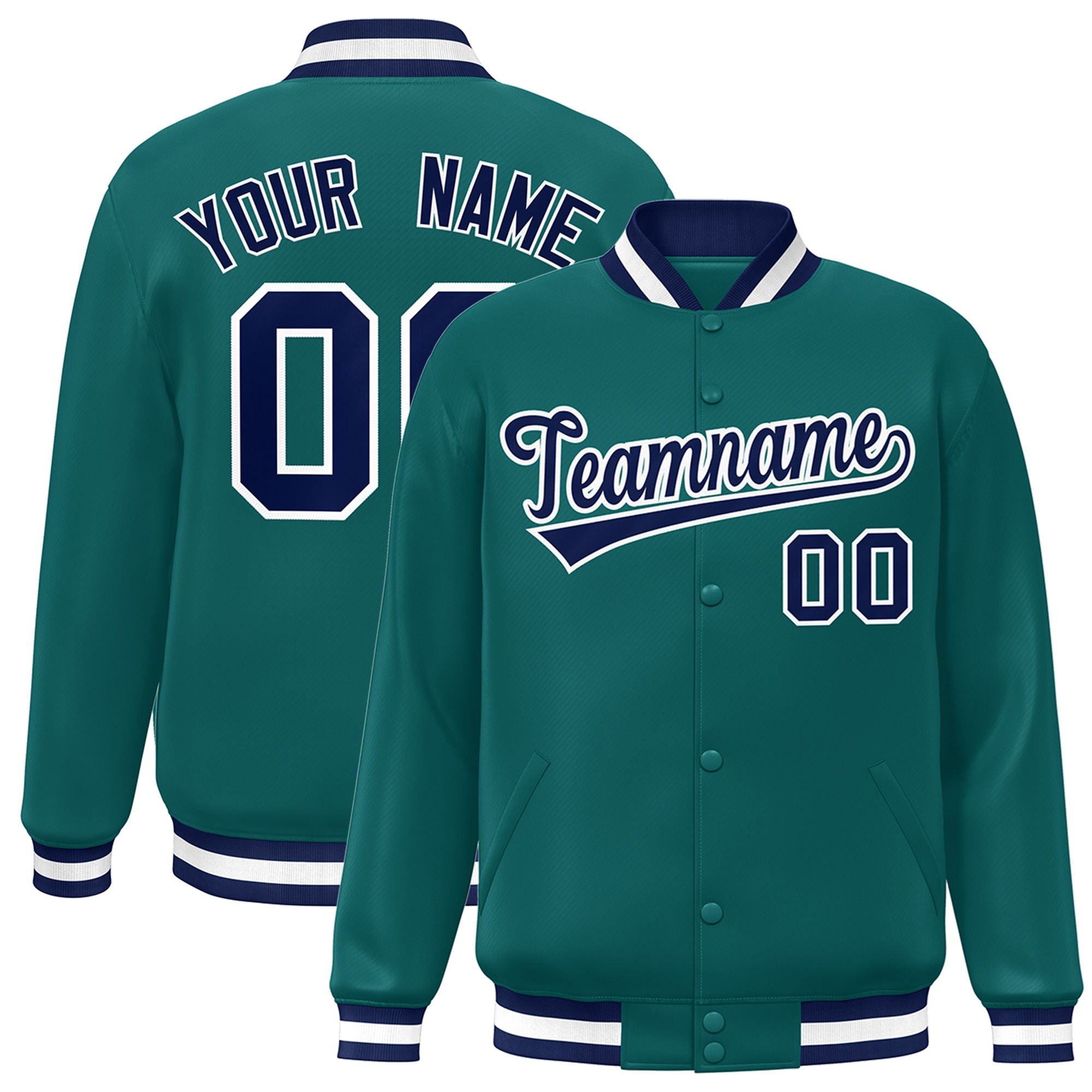 Custom Aqua Navy-White Bomber Full-Snap Varsity Letterman Jacket