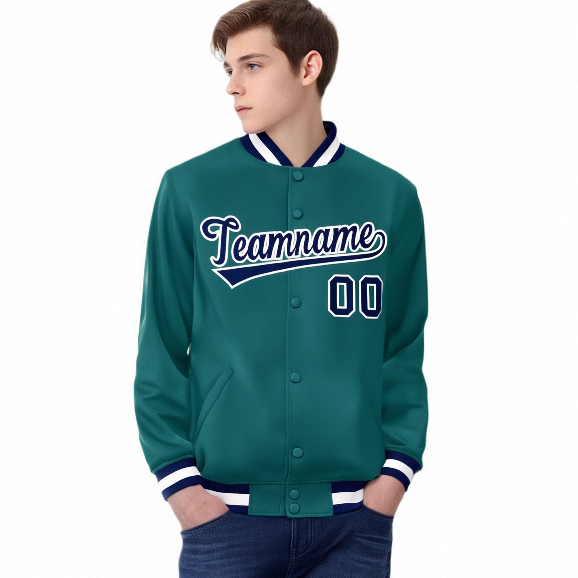 Custom Aqua Navy-White Bomber Full-Snap Varsity Letterman Jacket