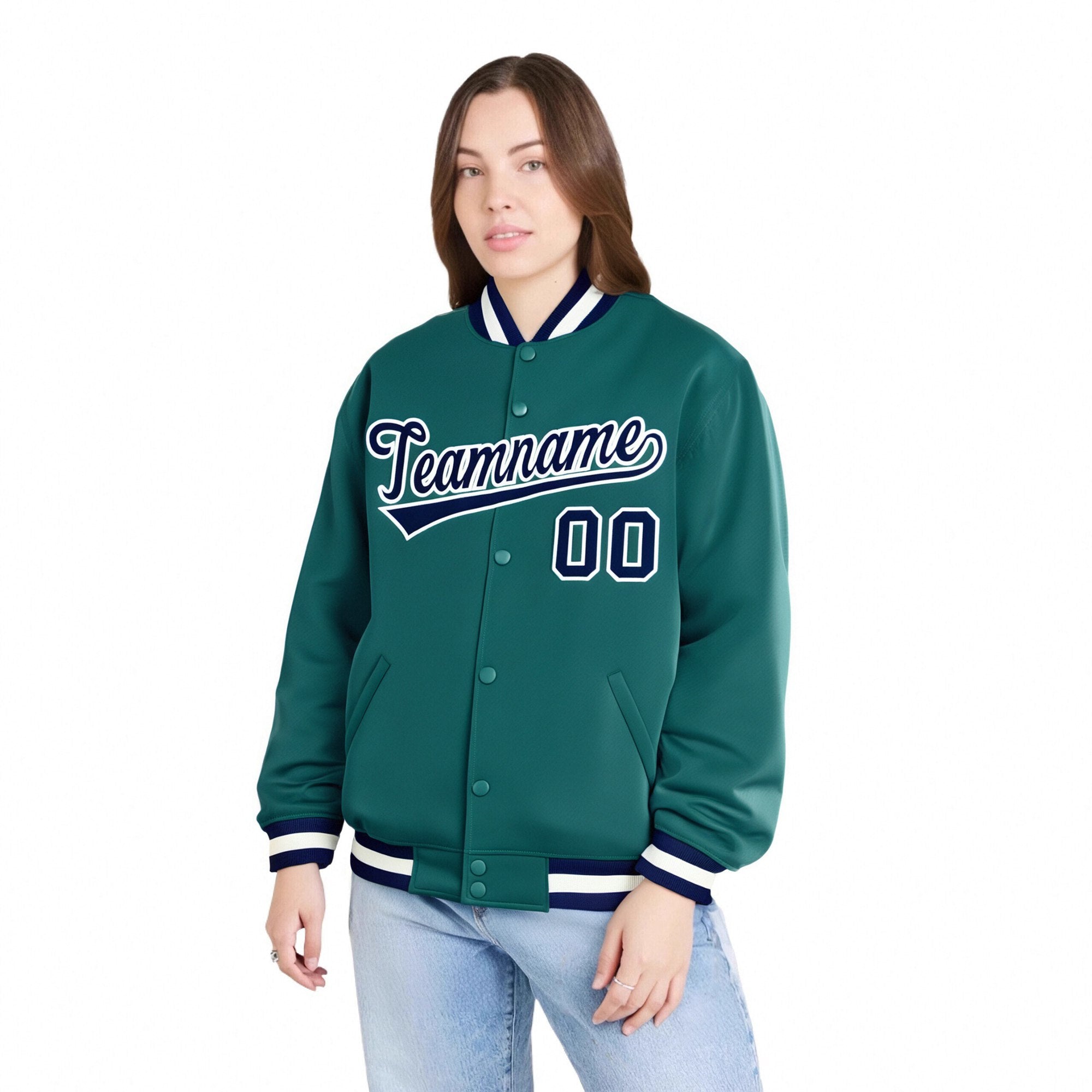 Custom Aqua Navy-White Bomber Full-Snap Varsity Letterman Jacket