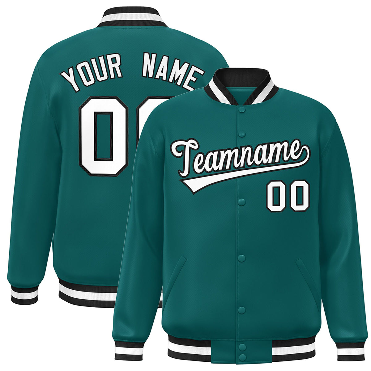 Custom Aqua White-Black Bomber Full-Snap Varsity Letterman Jacket
