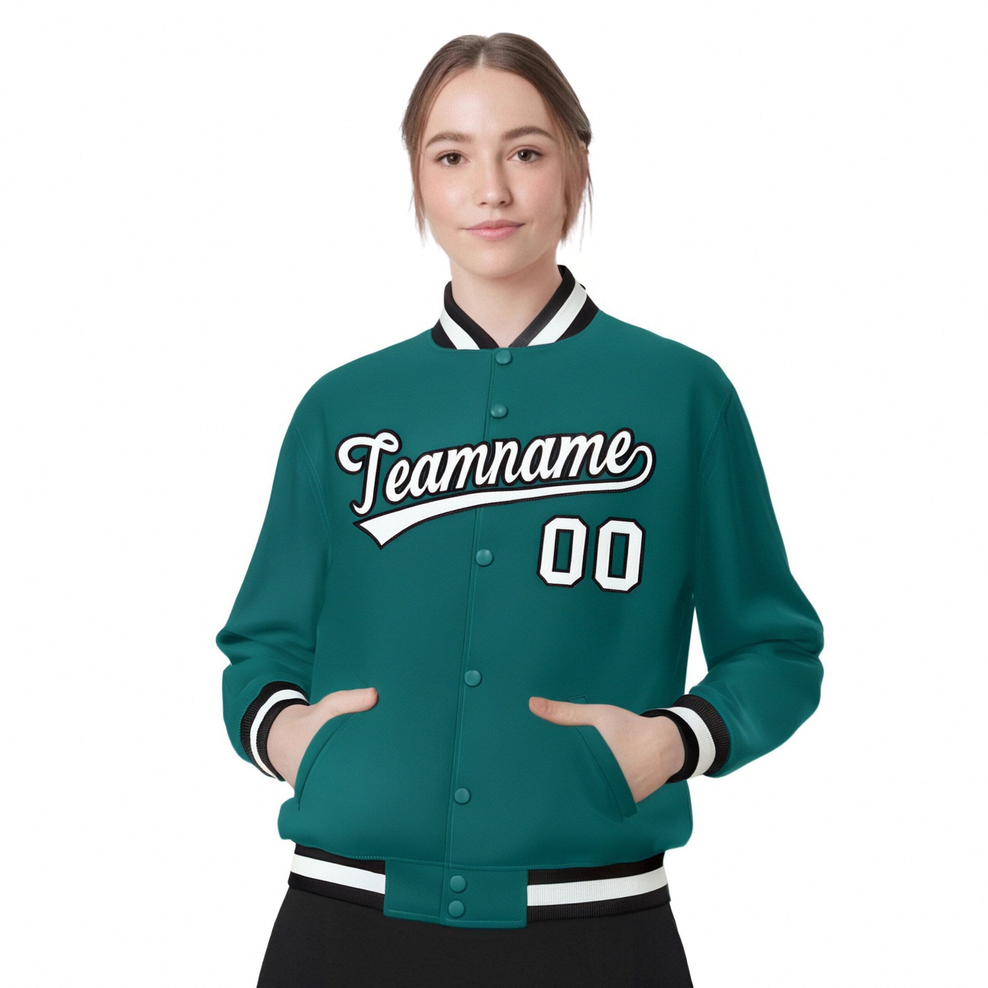 Custom Aqua White-Black Bomber Full-Snap Varsity Letterman Jacket