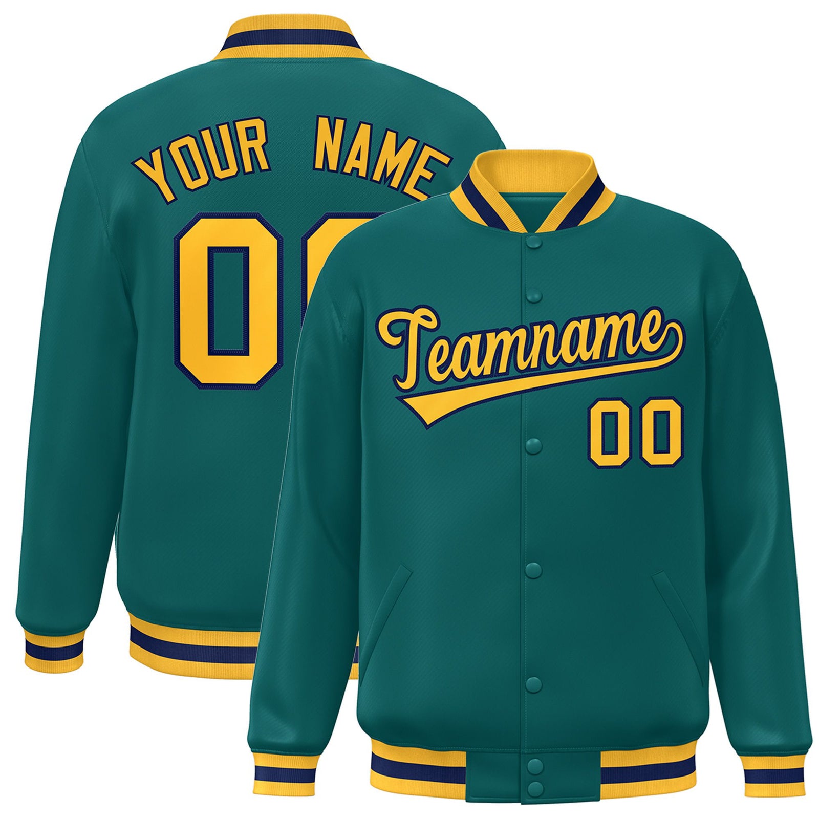 Custom Aqua Gold-Navy Bomber Full-Snap Varsity Letterman Jacket