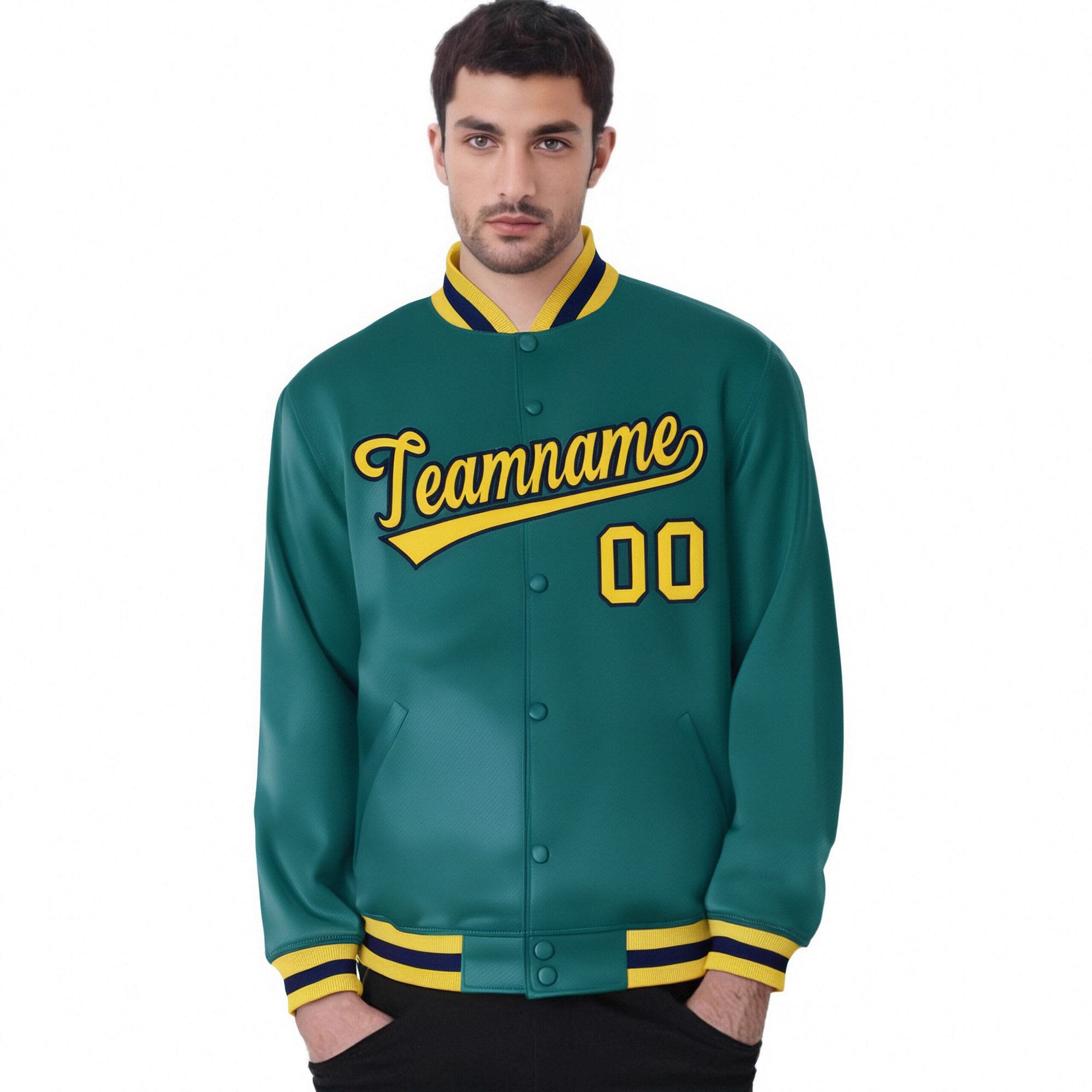 Custom Aqua Gold-Navy Bomber Full-Snap Varsity Letterman Jacket