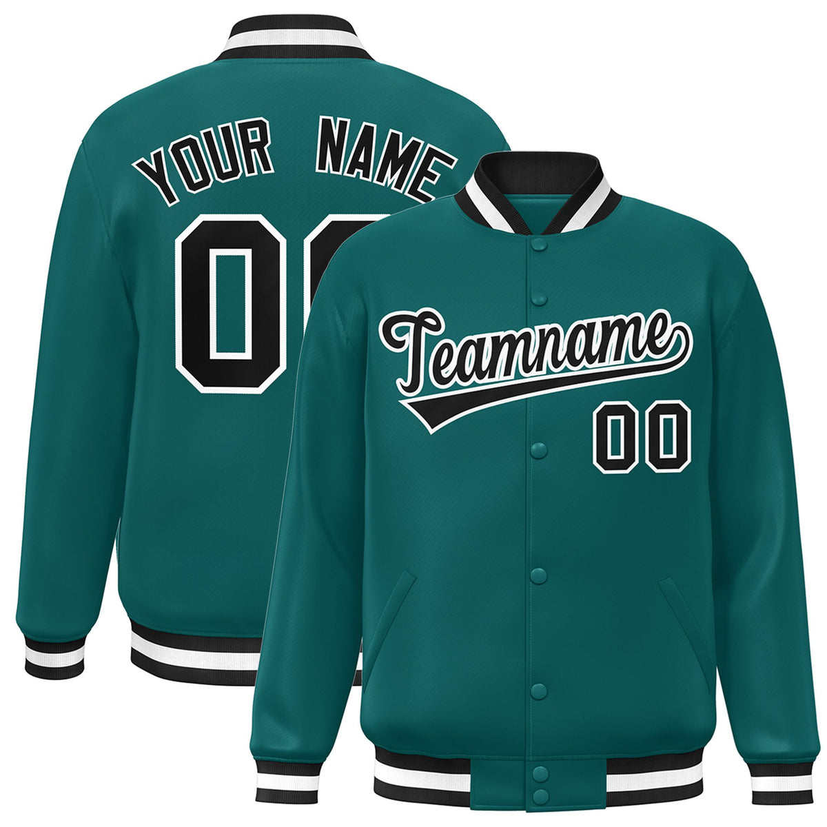 Custom Aqua Black-White Bomber Full-Snap Varsity Letterman Jacket