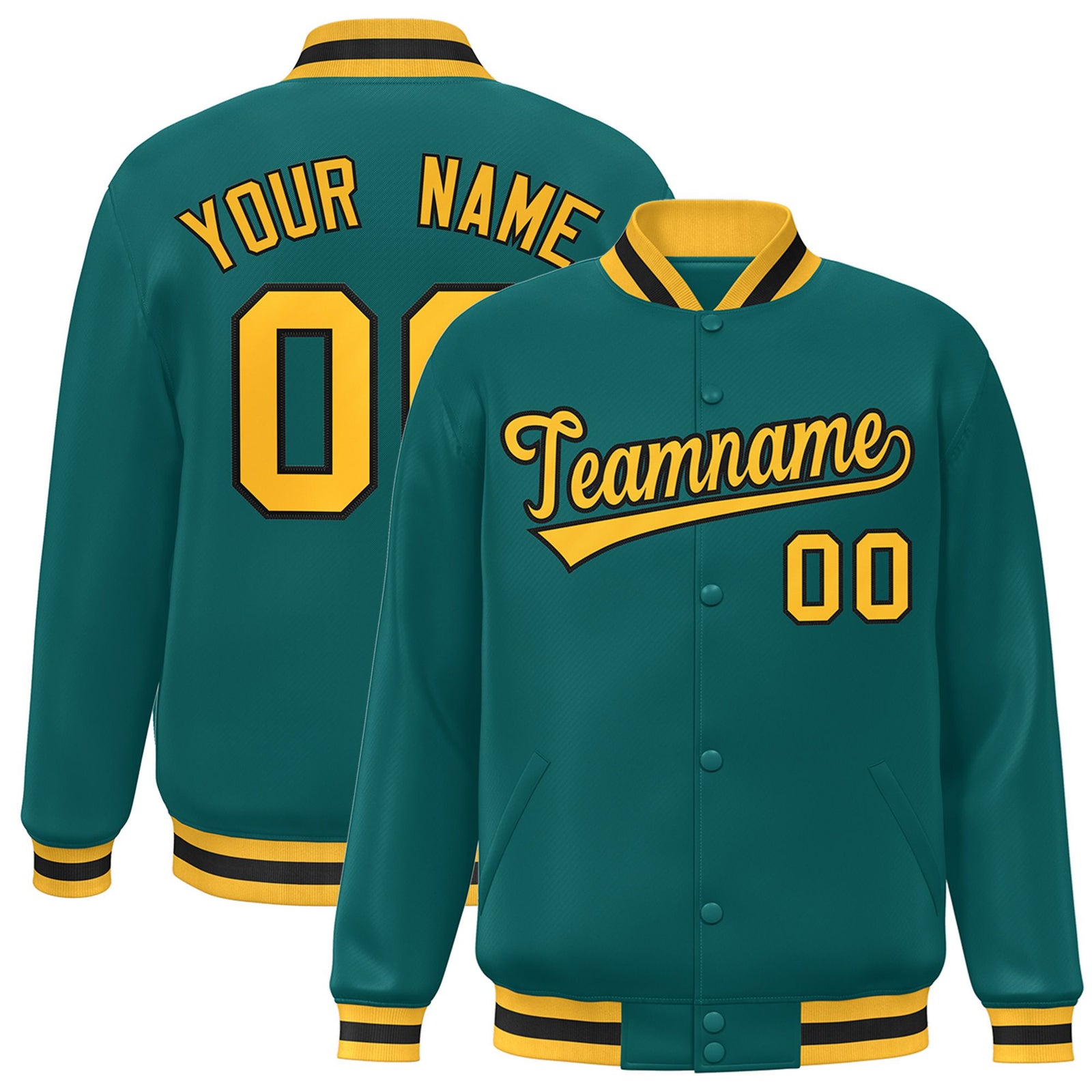Custom Aqua Gold-Black Bomber Full-Snap Varsity Letterman Jacket