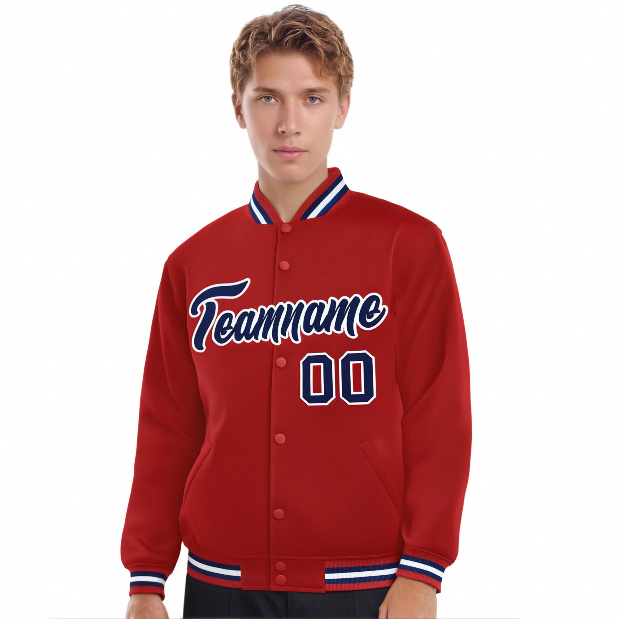 Custom Red Navy-white Classic Style Varsity Full-Snap Letterman Jacket