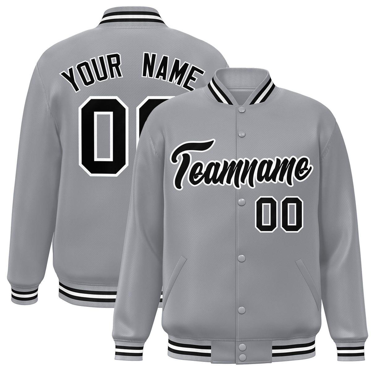 Custom Gray Black-White Bomber Full-Snap Varsity Letterman Jacket