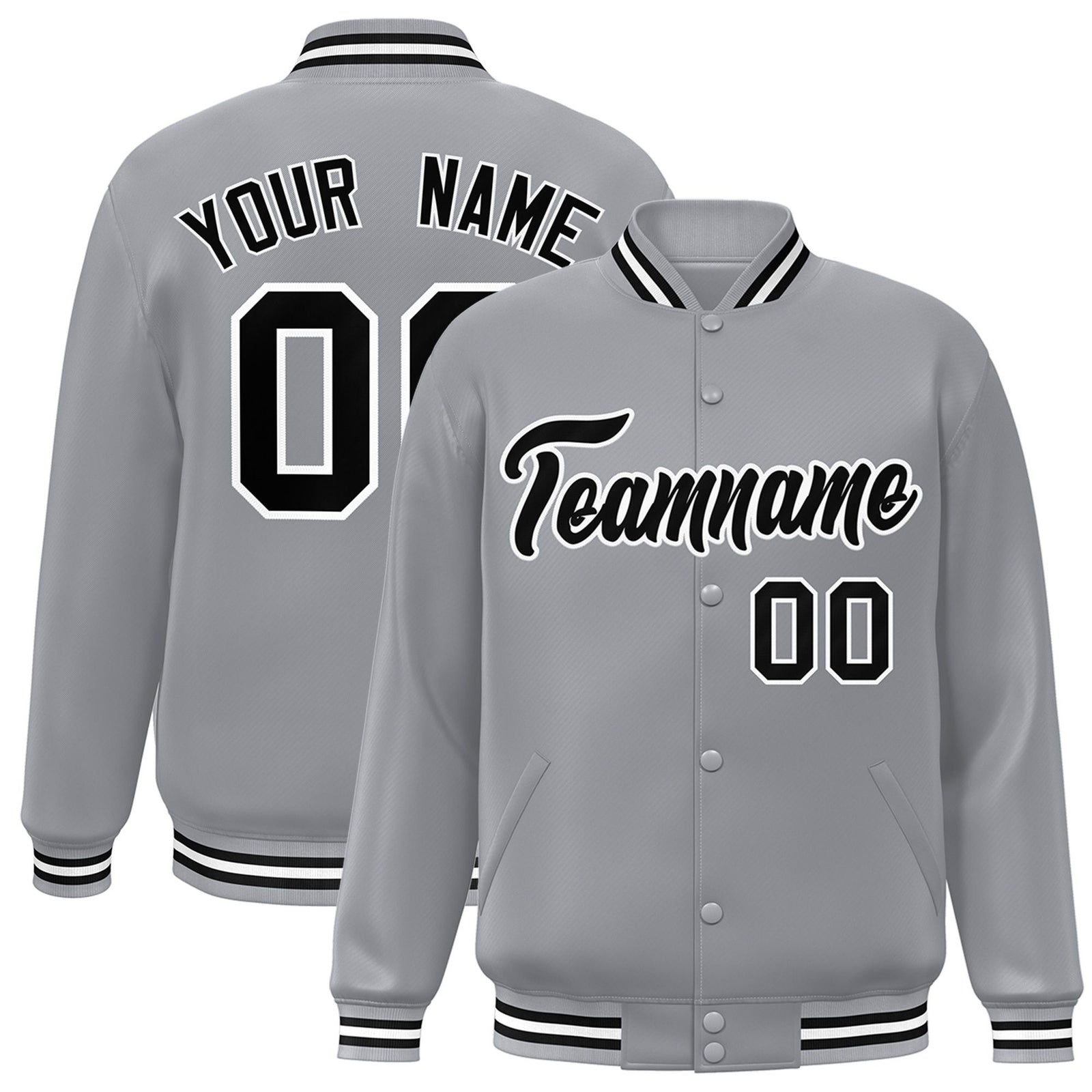 Custom Gray Black-White Bomber Full-Snap Varsity Letterman Jacket