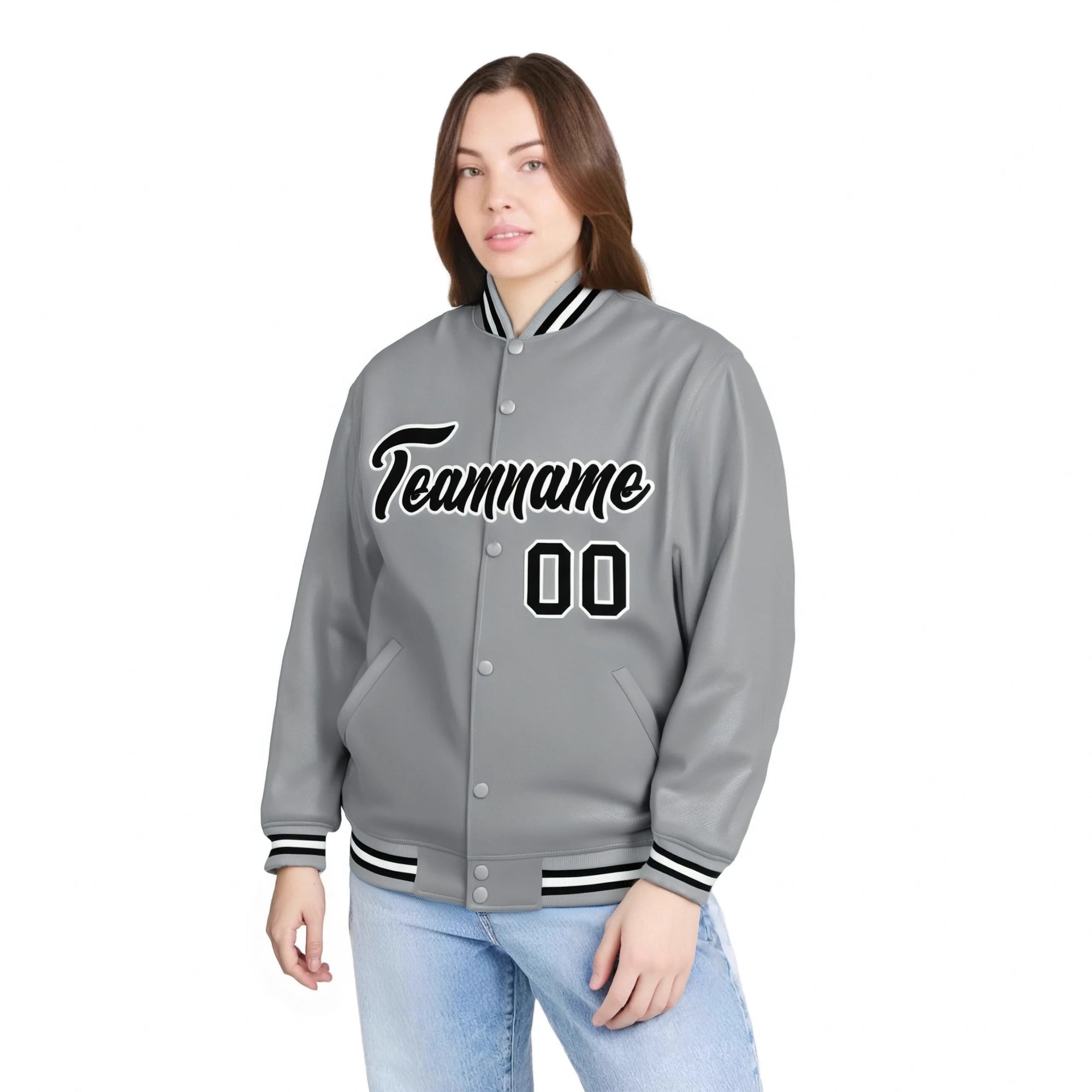 Custom Gray Black-White Bomber Full-Snap Varsity Letterman Jacket