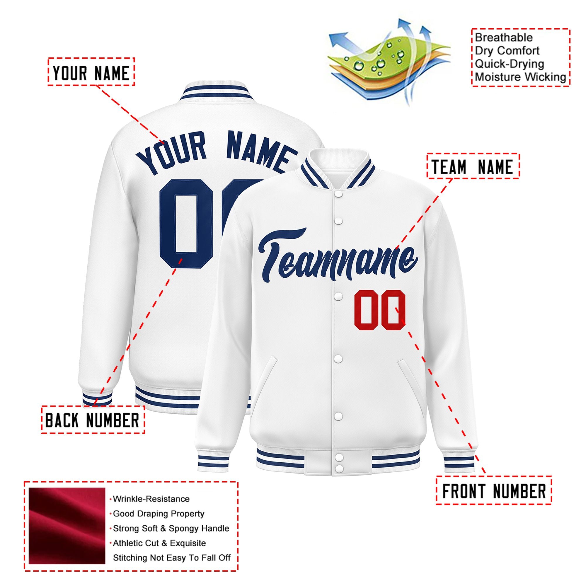 Custom White Navy-Red Bomber Full-Snap Varsity Letterman Jacket