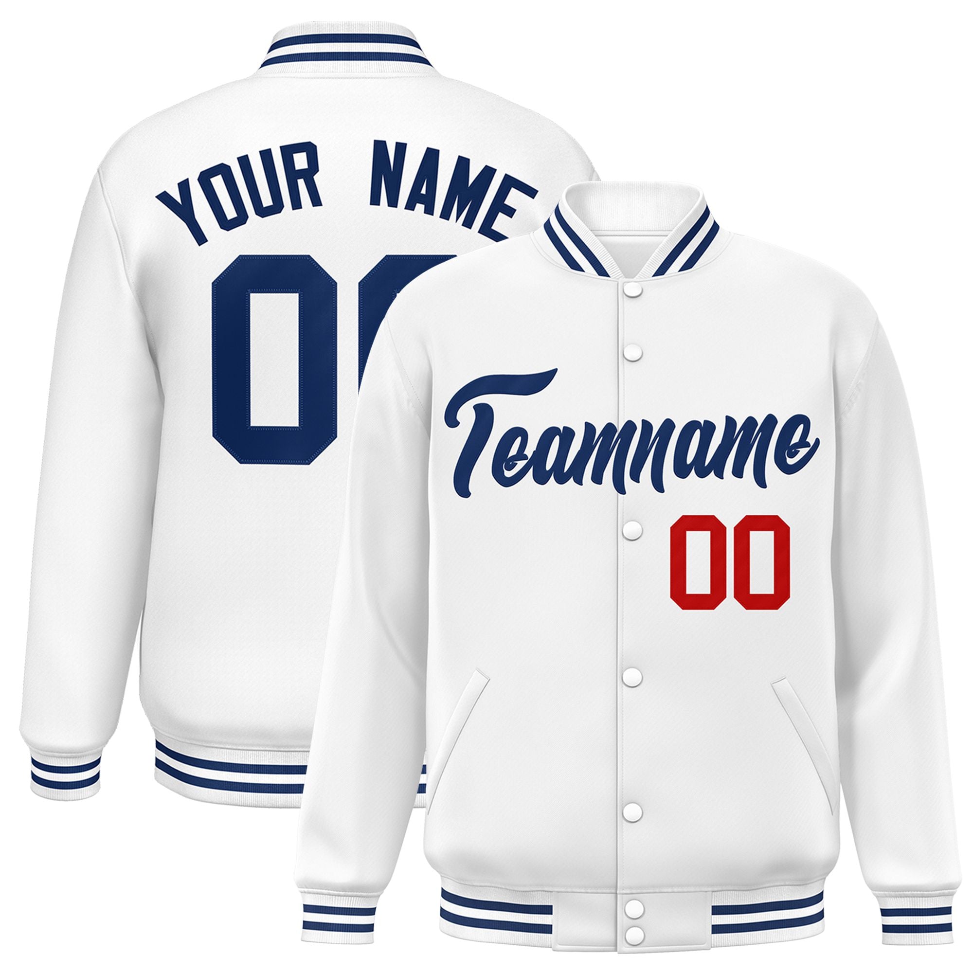 Custom White Navy-Red Bomber Full-Snap Varsity Letterman Jacket