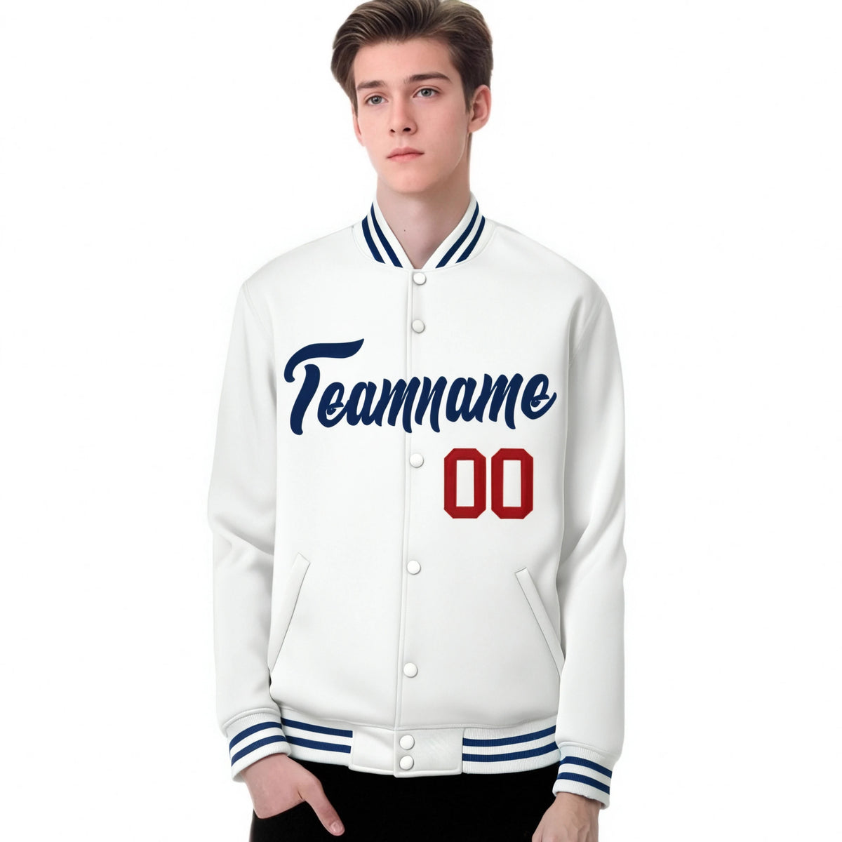 Custom White Navy-Red Bomber Full-Snap Varsity Letterman Jacket