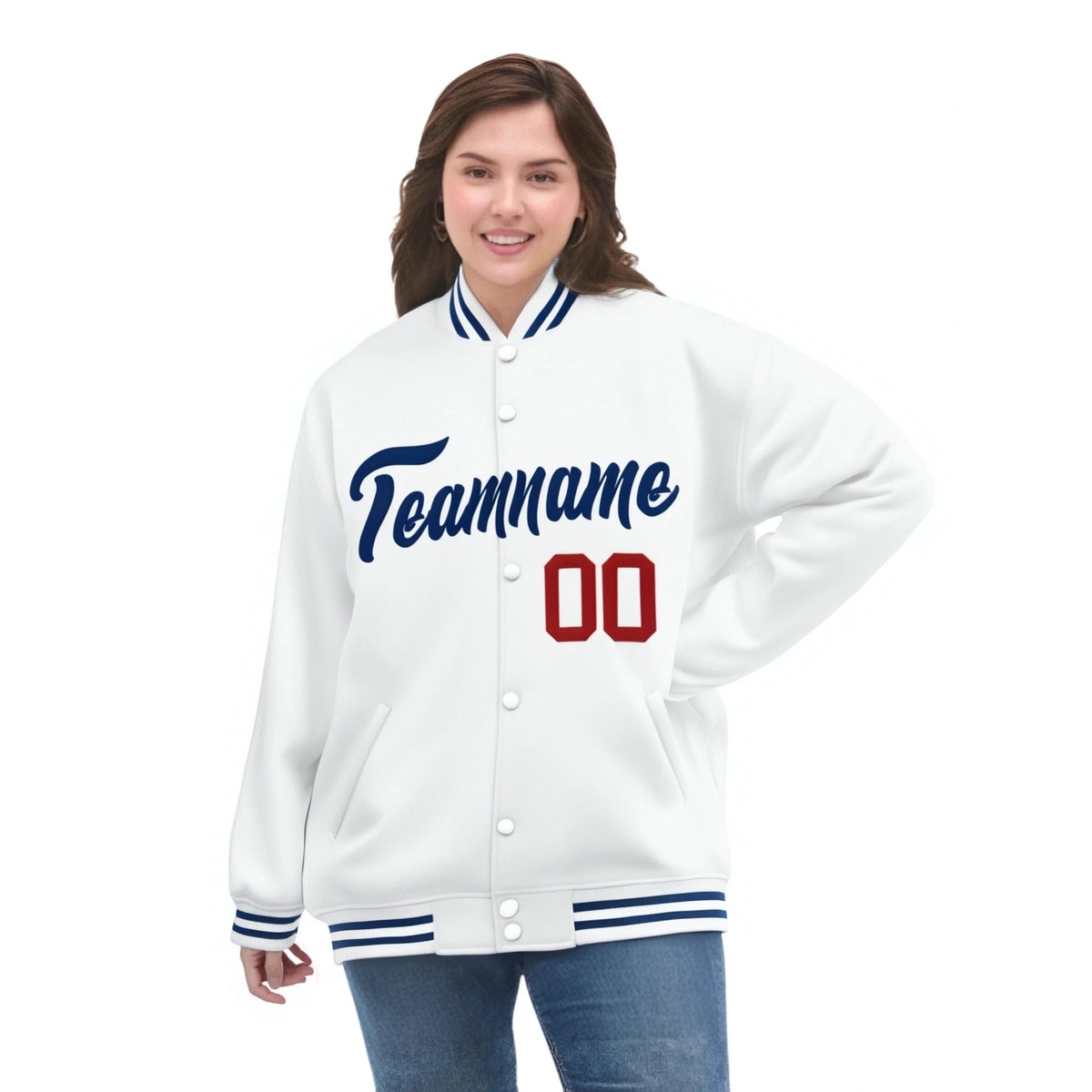 Custom White Navy-Red Bomber Full-Snap Varsity Letterman Jacket