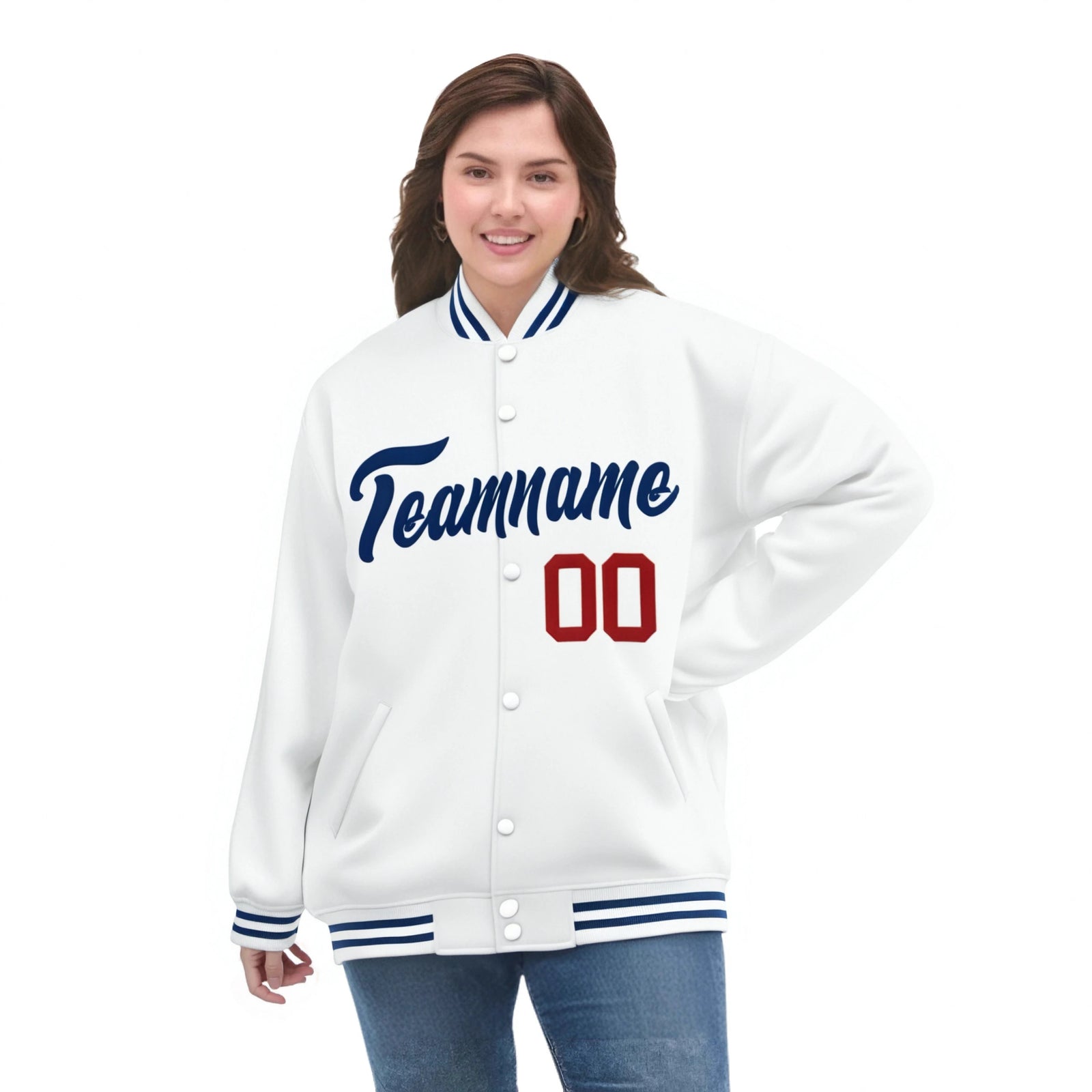 Custom White Navy-Red Bomber Full-Snap Varsity Letterman Jacket