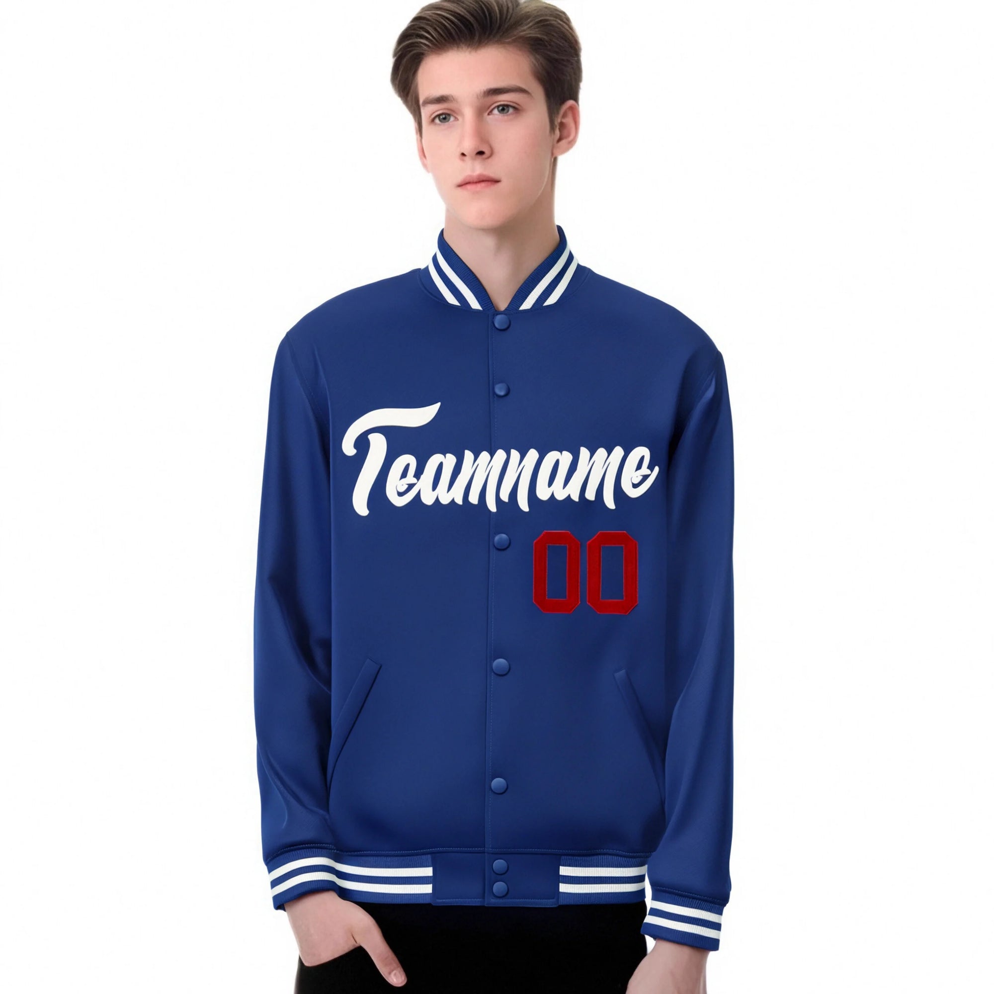 Custom Thunder Blue White-Red Bomber Full-Snap Varsity Letterman Jacket