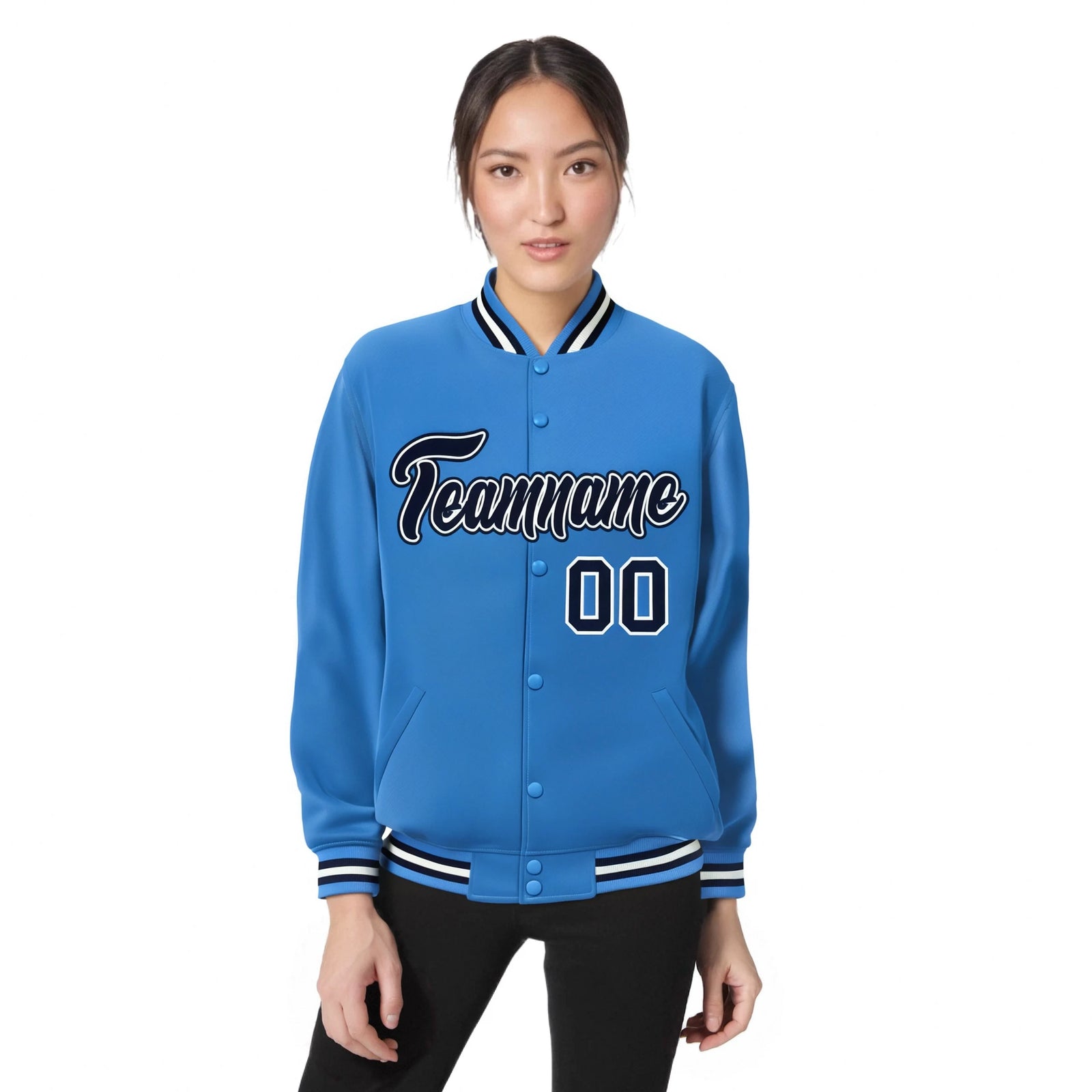 Custom Light Blue Navy-White Bomber Full-Snap Varsity Letterman Jacket