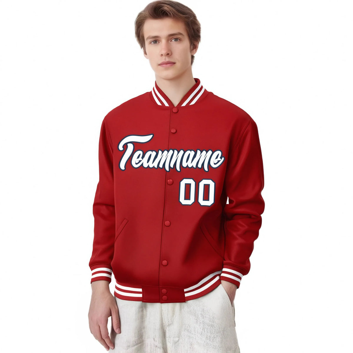 Custom Royal Red White-Black Bomber Full-Snap Varsity Letterman Jacket