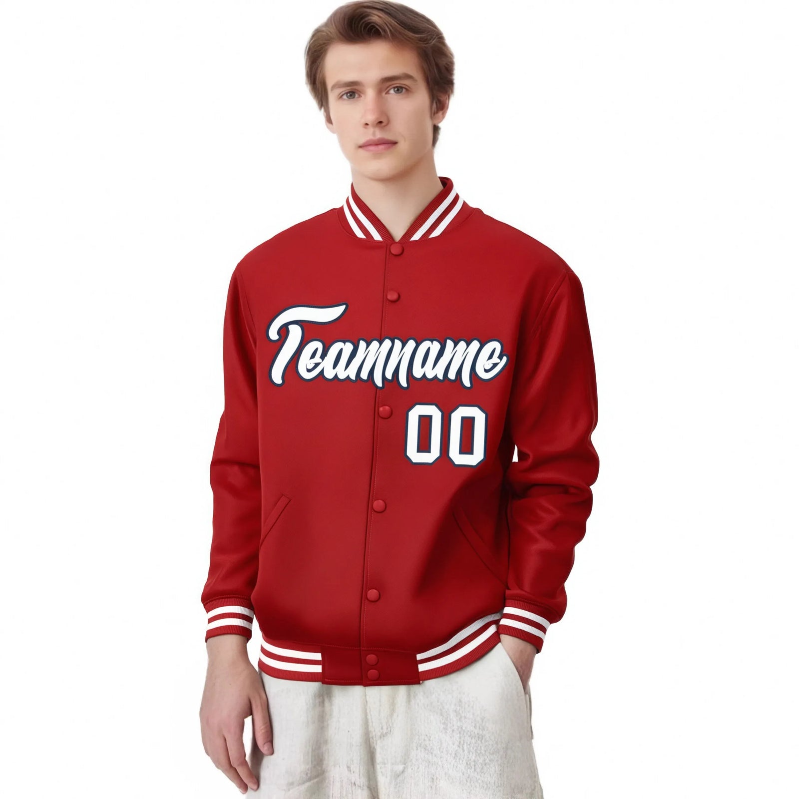 Custom Royal Red White-Black Bomber Full-Snap Varsity Letterman Jacket