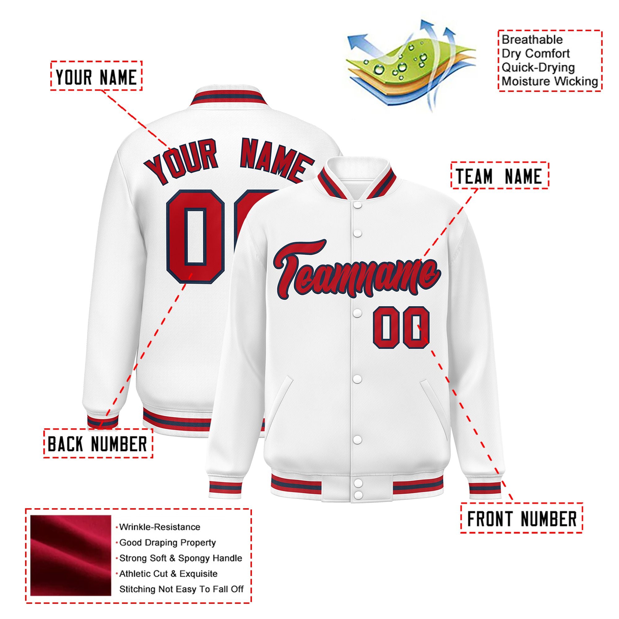 Custom White Red-Black Bomber Full-Snap Varsity Letterman Jacket