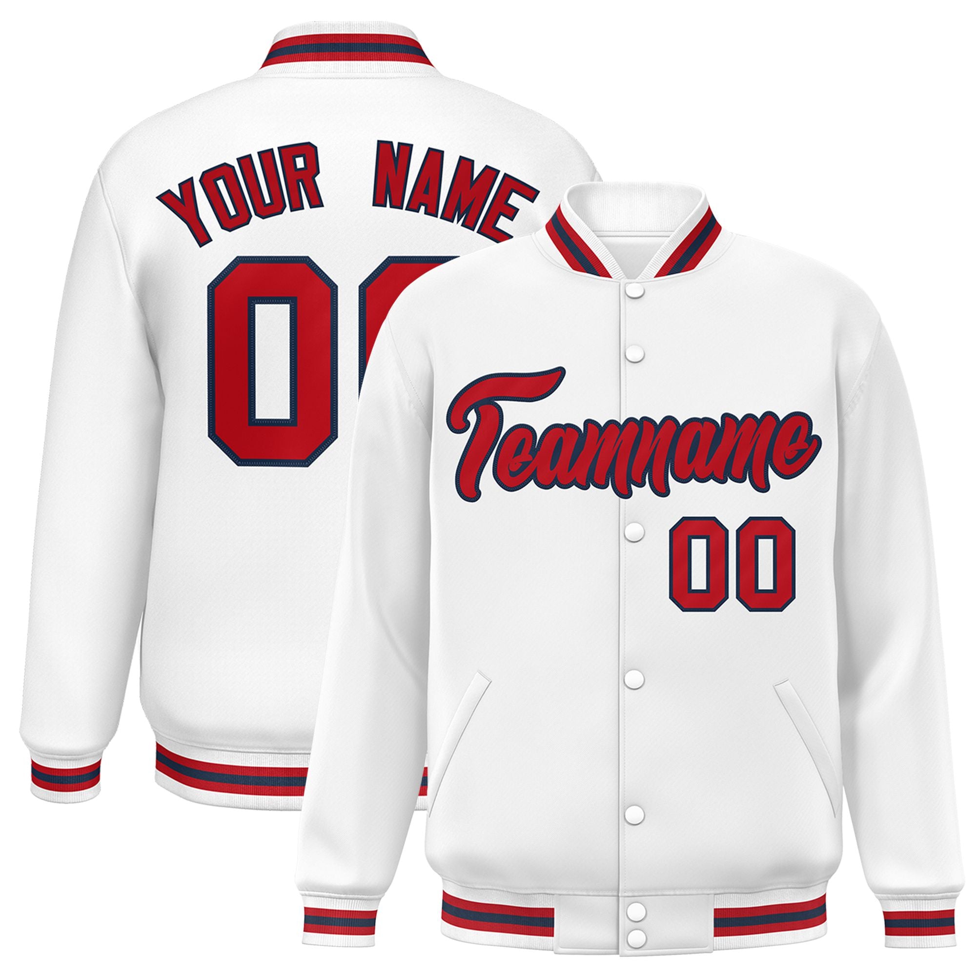 Custom White Red-Black Bomber Full-Snap Varsity Letterman Jacket