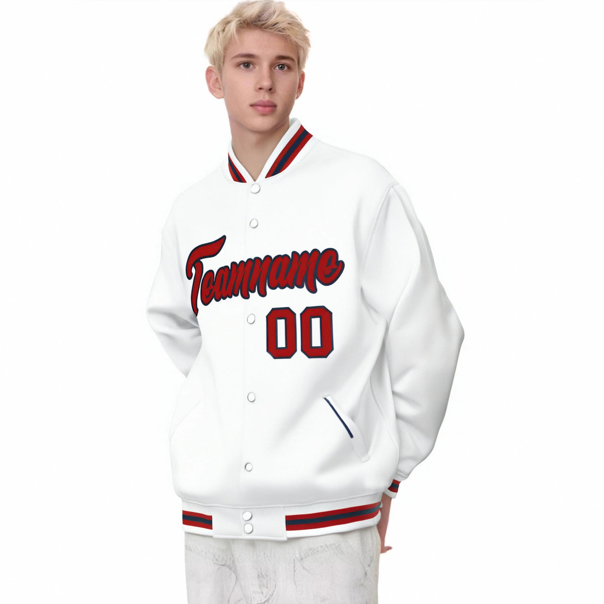 Custom White Red-Black Bomber Full-Snap Varsity Letterman Jacket