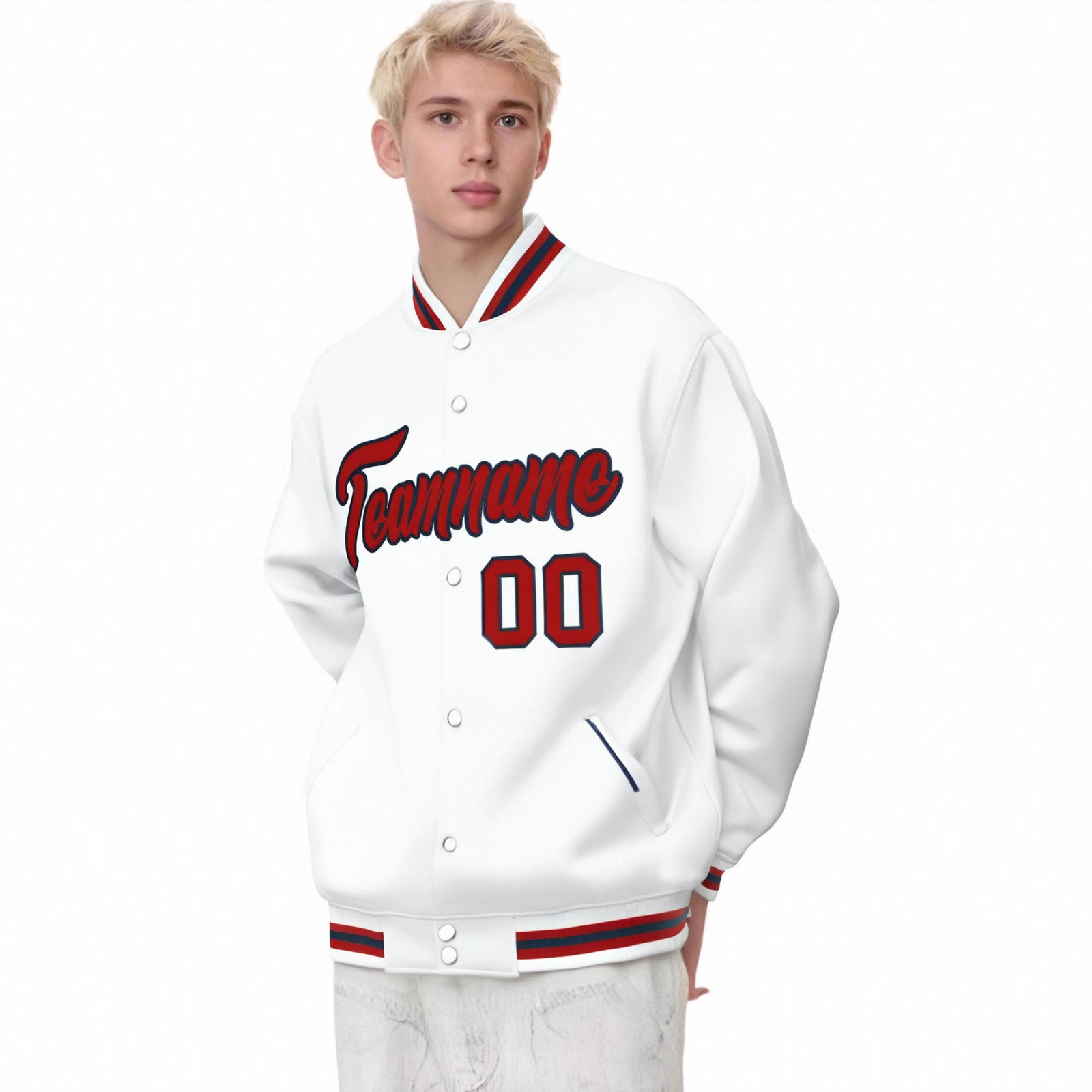 Custom White Red-Black Bomber Full-Snap Varsity Letterman Jacket