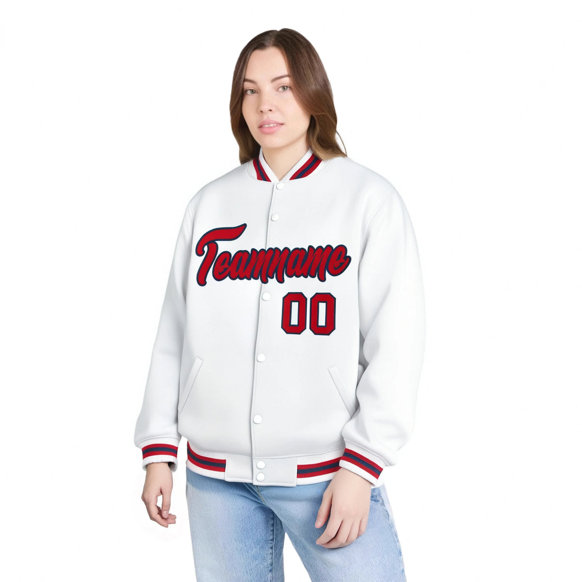Custom White Red-Black Bomber Full-Snap Varsity Letterman Jacket