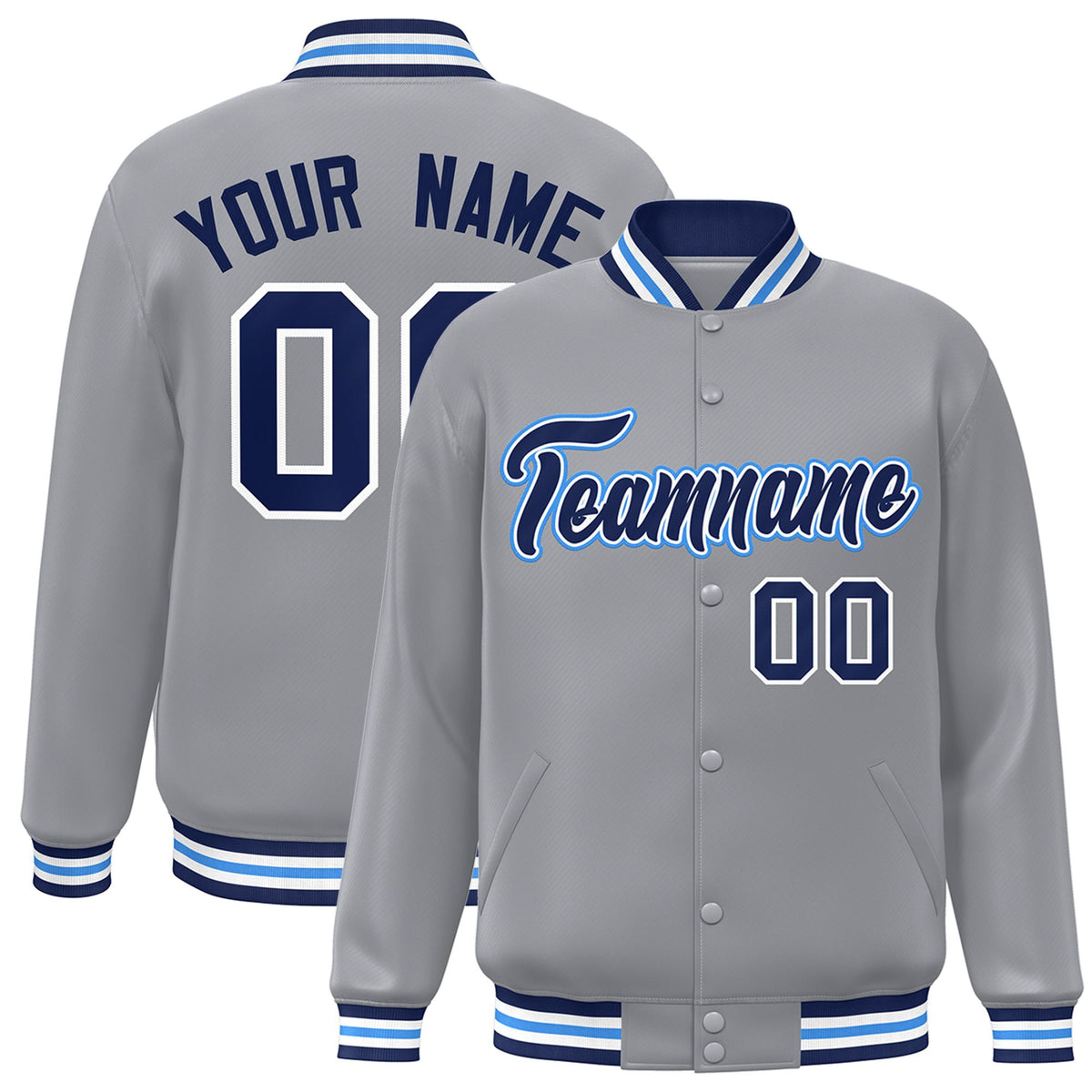 Custom Gray Navy-White Bomber Full-Snap Varsity Letterman Jacket