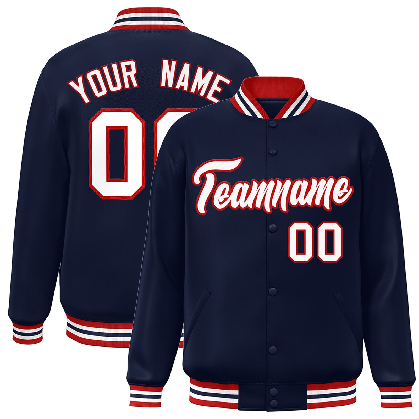 Custom Navy White-Red Bomber Full-Snap Varsity Letterman Jacket