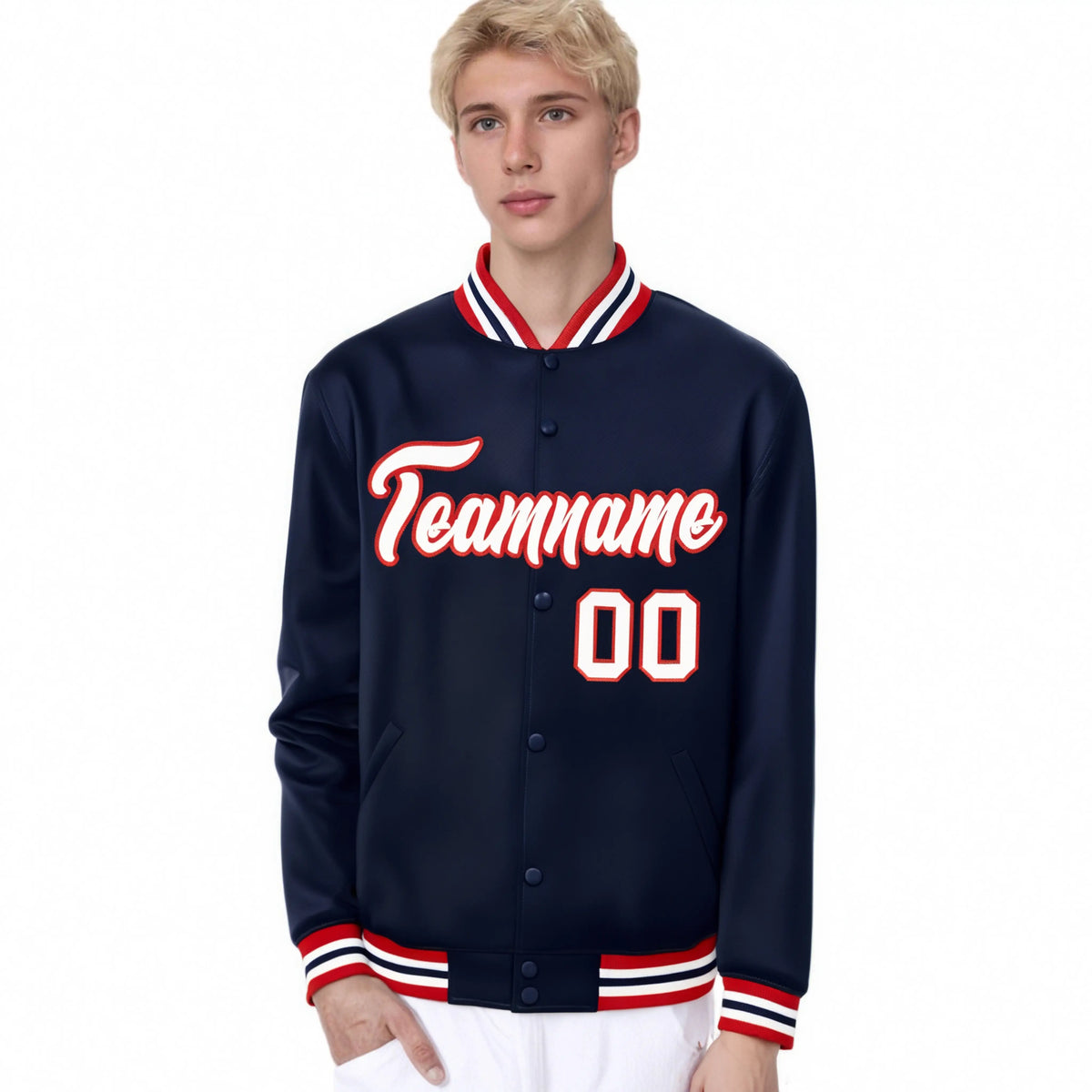 Custom Navy White-Red Bomber Full-Snap Varsity Letterman Jacket
