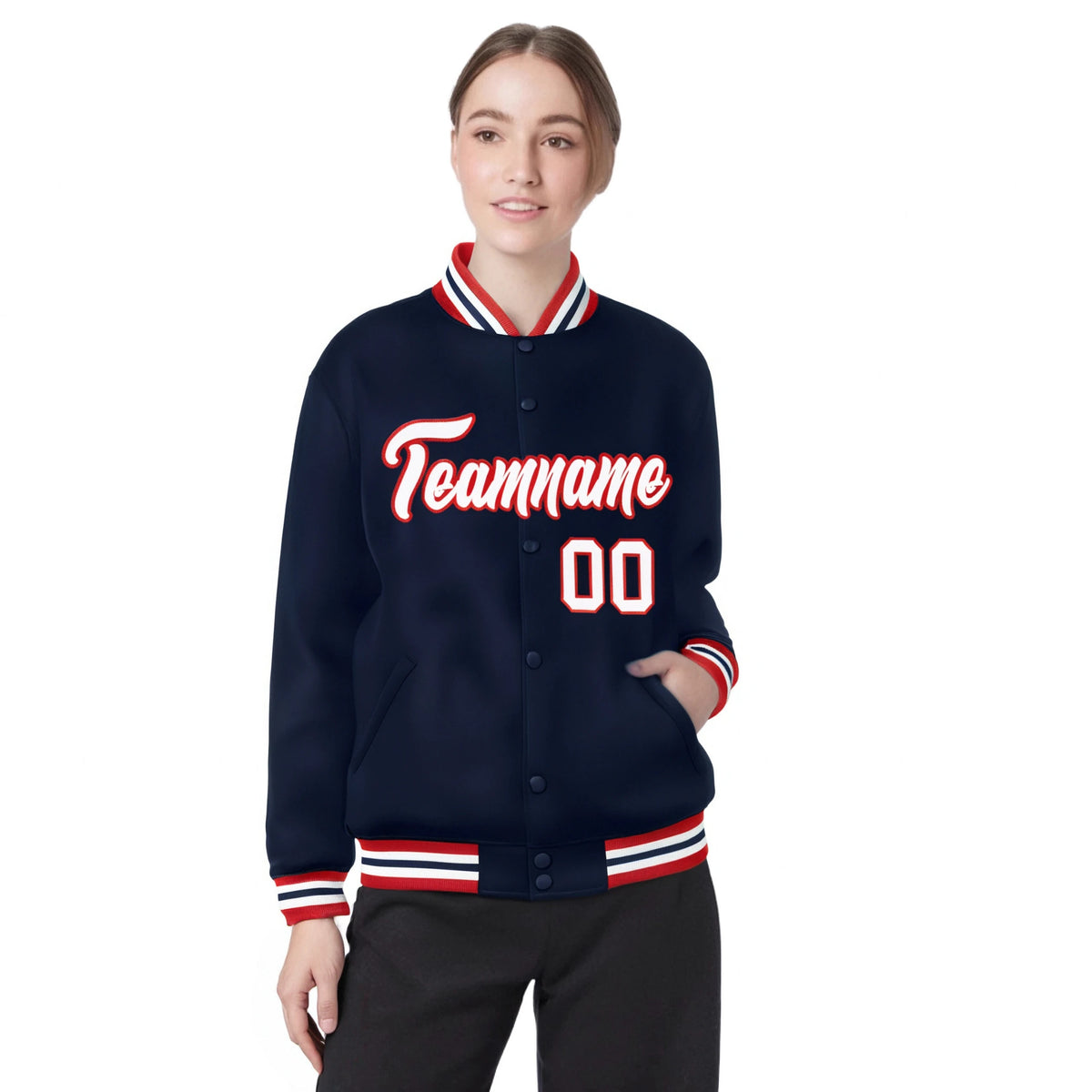 Custom Navy White-Red Bomber Full-Snap Varsity Letterman Jacket