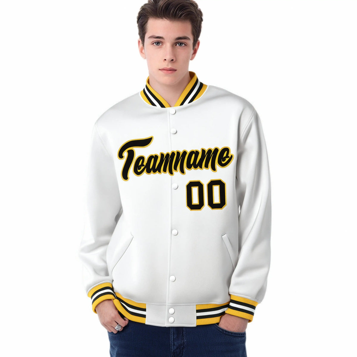 Custom White Black-Gold Bomber Full-Snap Varsity Letterman Jacket