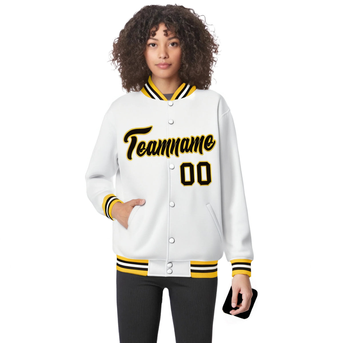 Custom White Black-Gold Bomber Full-Snap Varsity Letterman Jacket