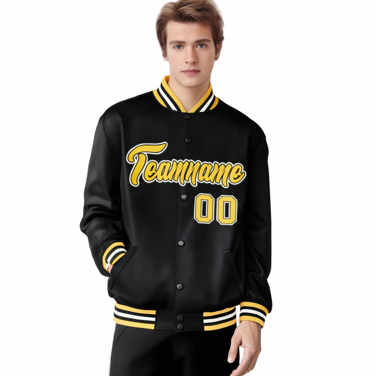 Custom Black Yellow-White Bomber Full-Snap Varsity Letterman Jacket