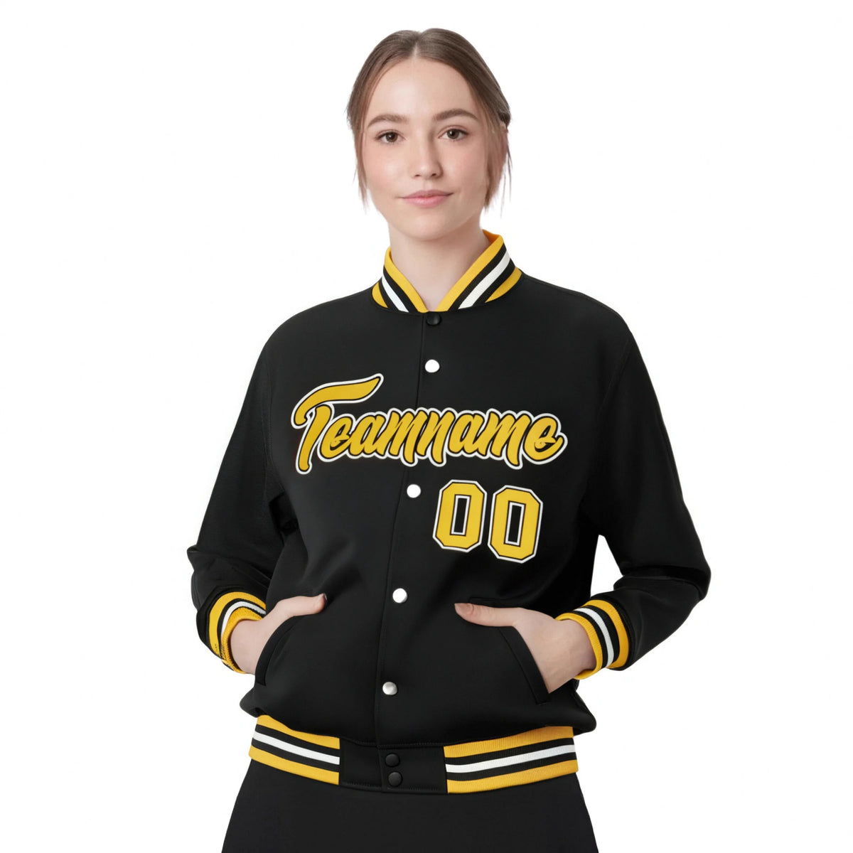 Custom Black Yellow-White Bomber Full-Snap Varsity Letterman Jacket