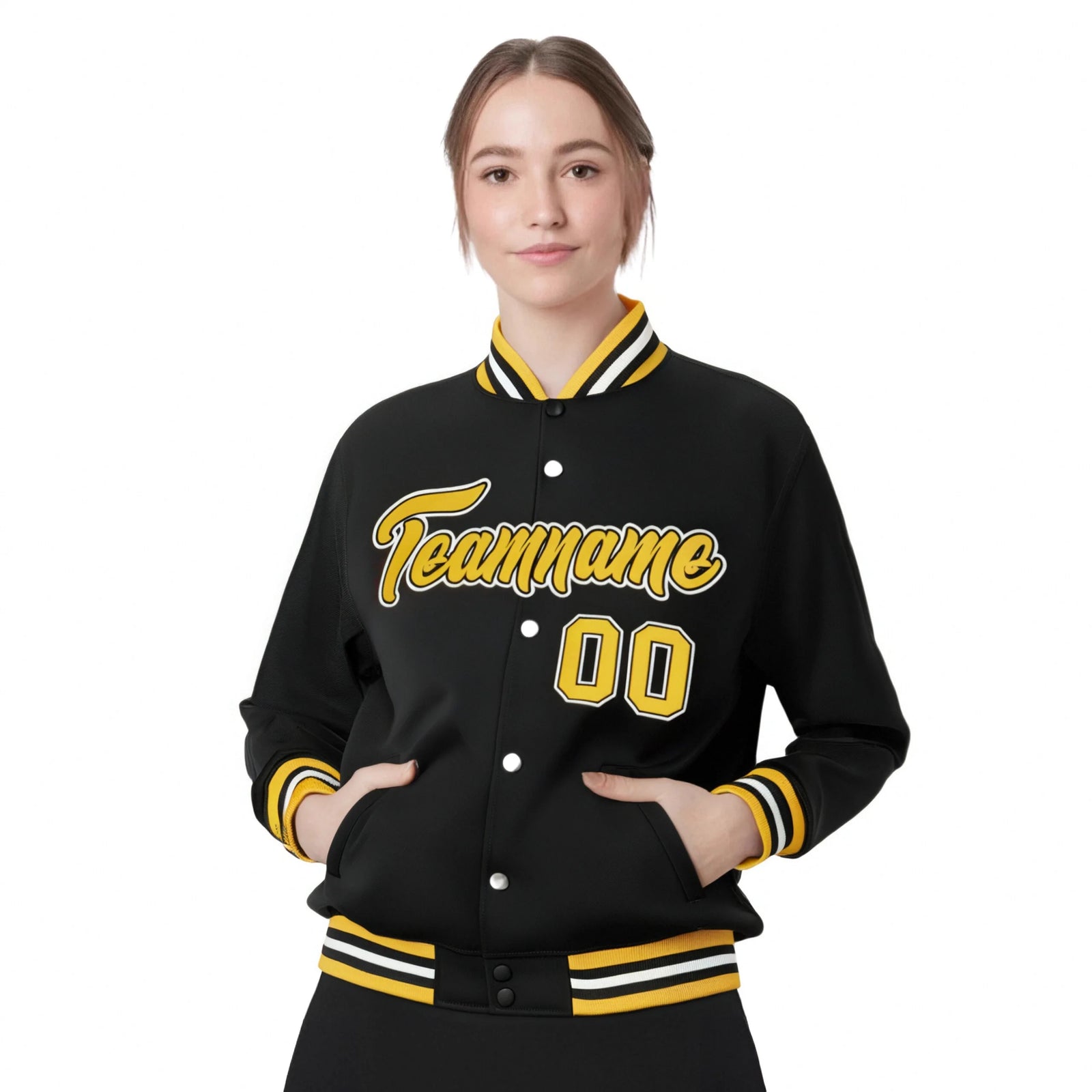 Custom Black Yellow-White Bomber Full-Snap Varsity Letterman Jacket