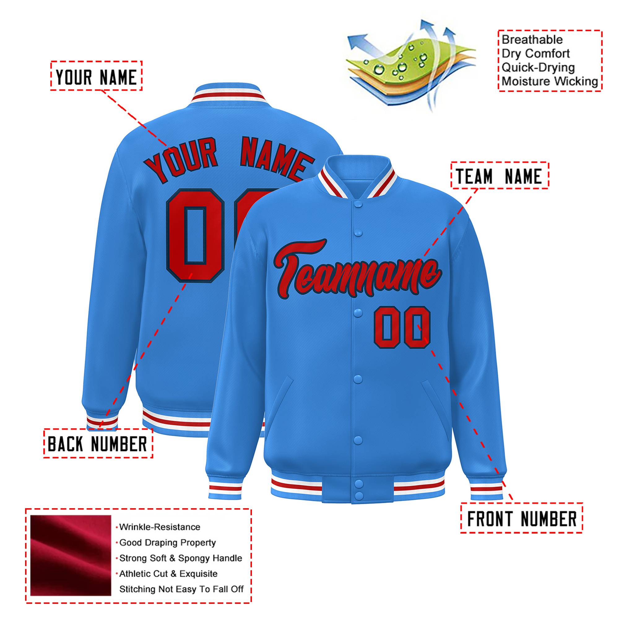 Custom Light Blue Red-White Bomber Full-Snap Varsity Letterman Jacket