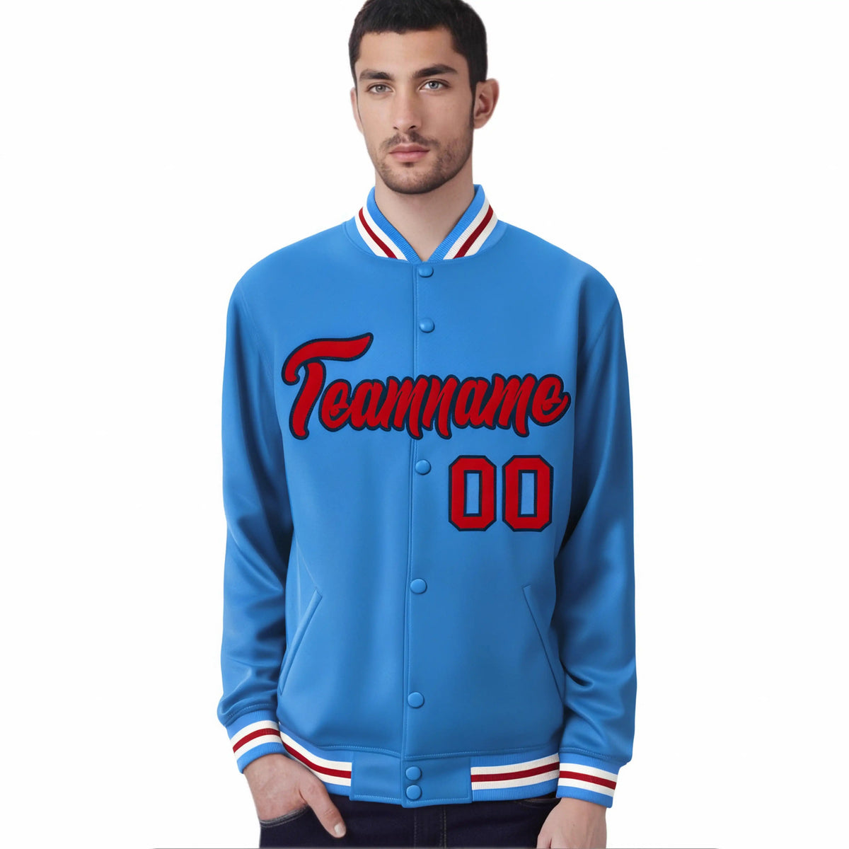 Custom Light Blue Red-White Bomber Full-Snap Varsity Letterman Jacket