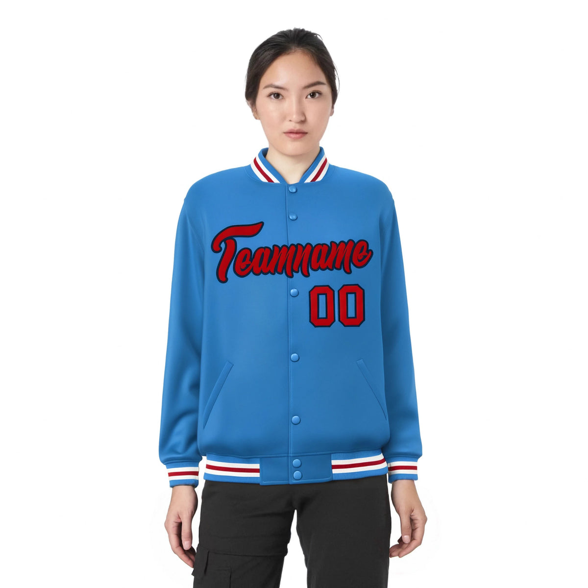 Custom Light Blue Red-White Bomber Full-Snap Varsity Letterman Jacket