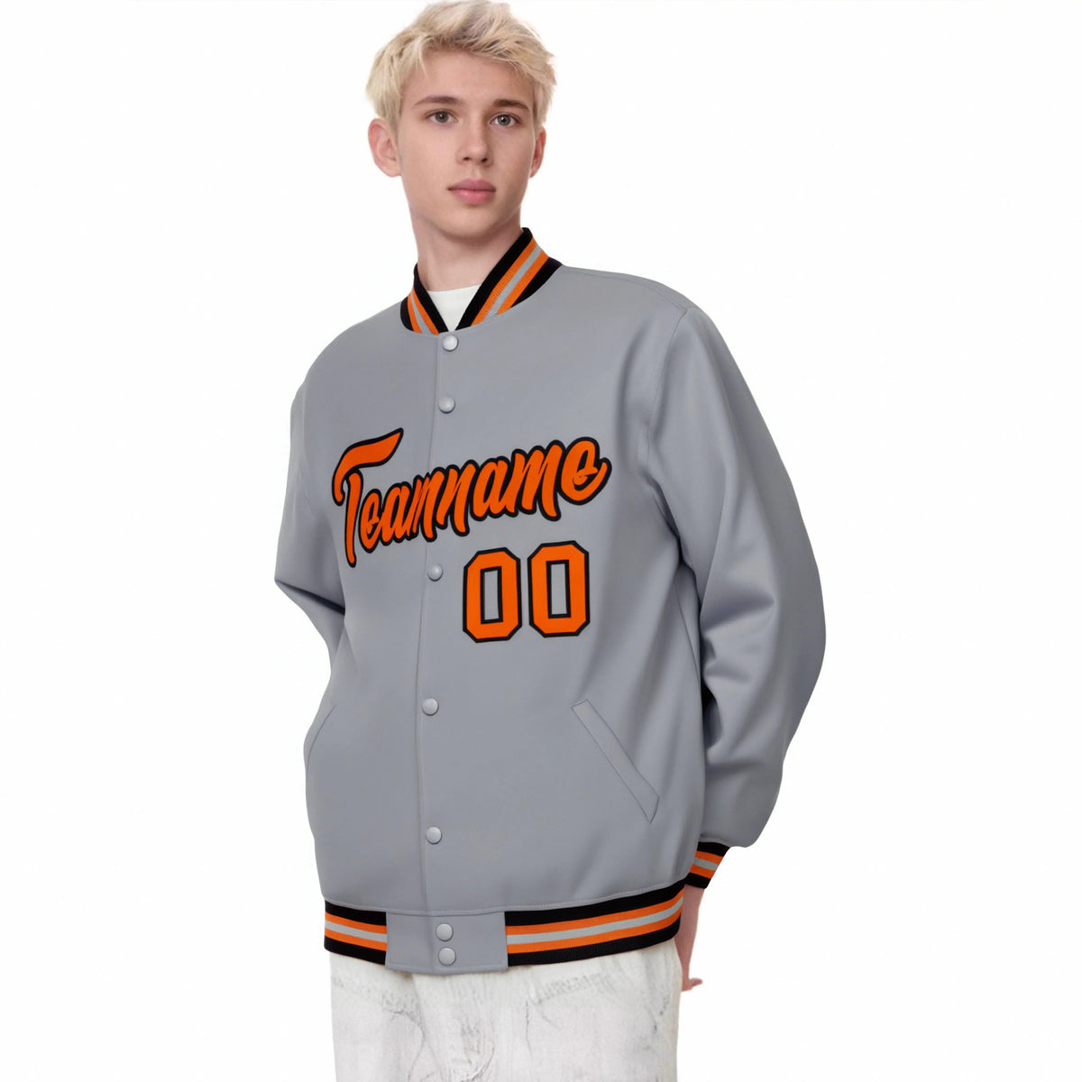 Custom Gray Orange-Black Bomber Full-Snap Varsity Letterman Jacket