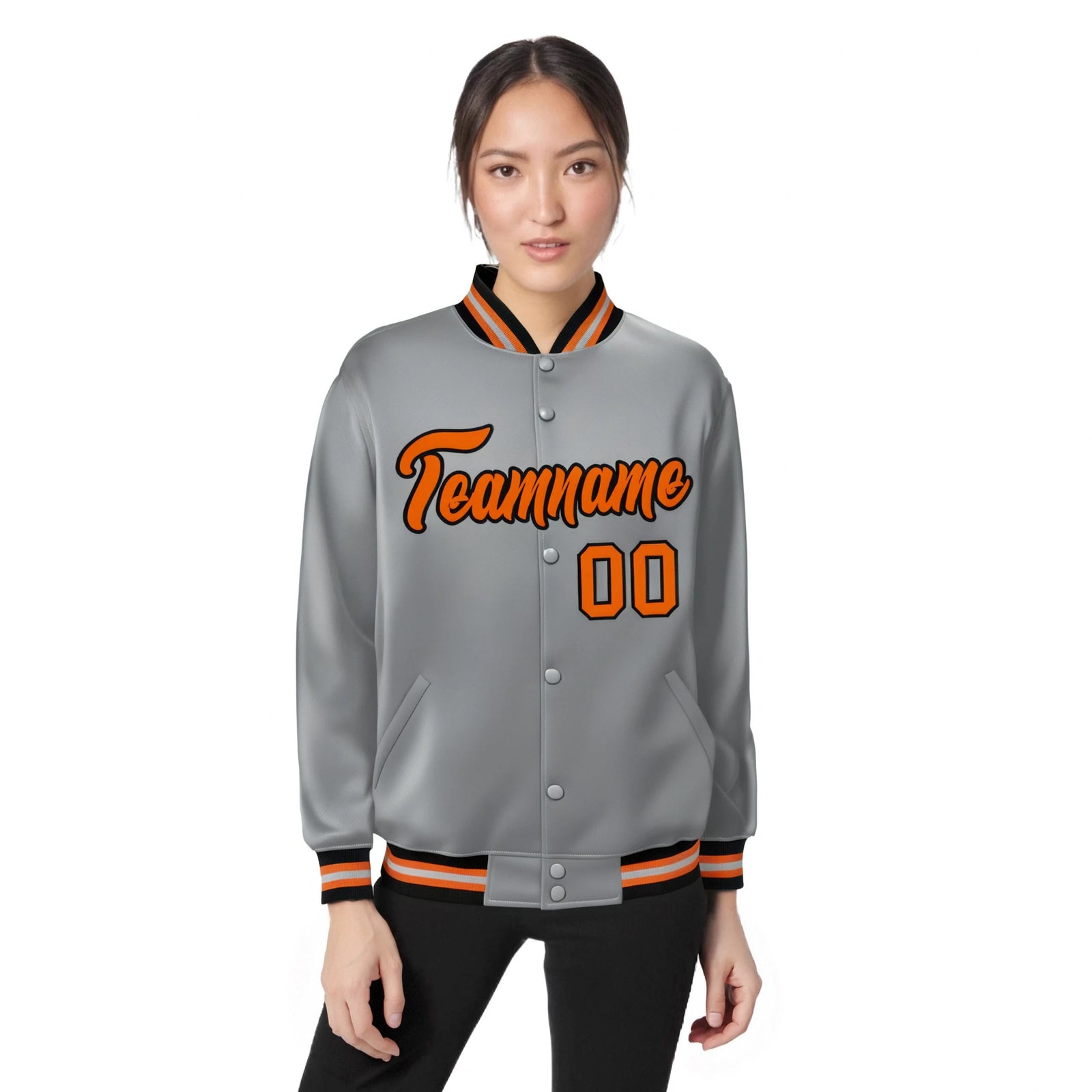 Custom Gray Orange-Black Bomber Full-Snap Varsity Letterman Jacket