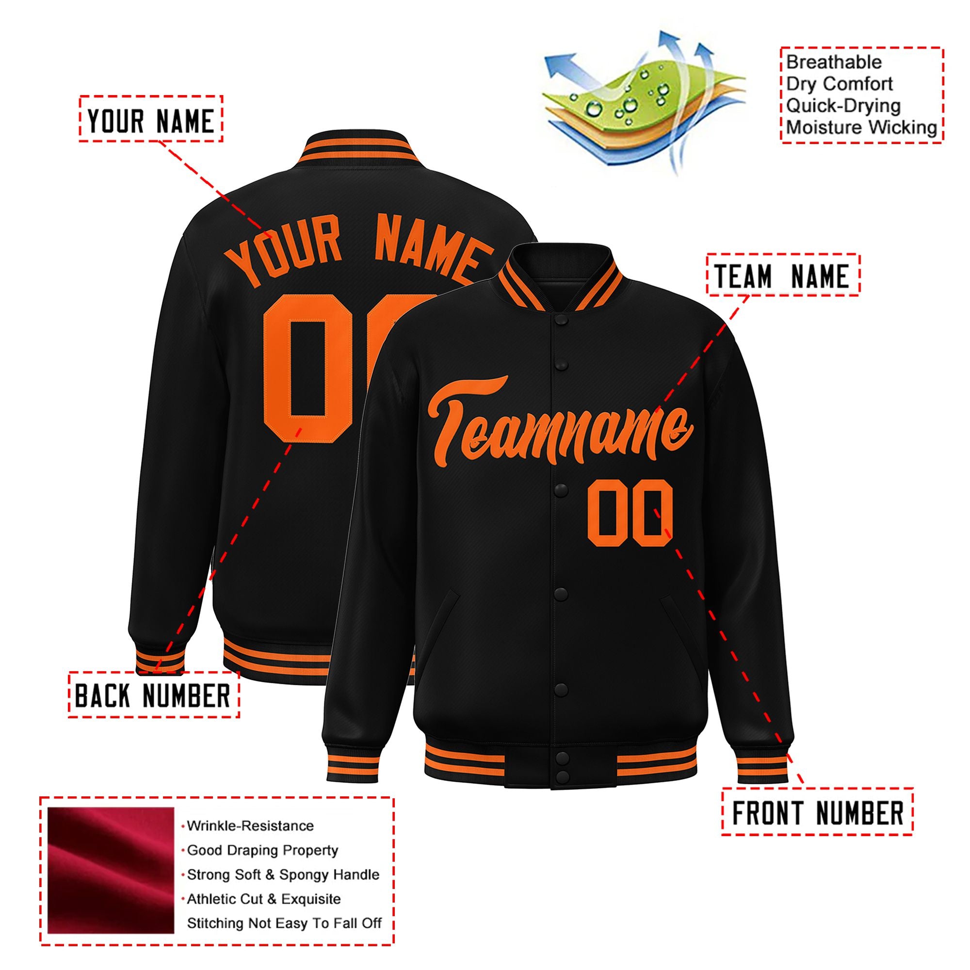 Custom Black Orange Bomber Full-Snap Varsity Letterman Jacket