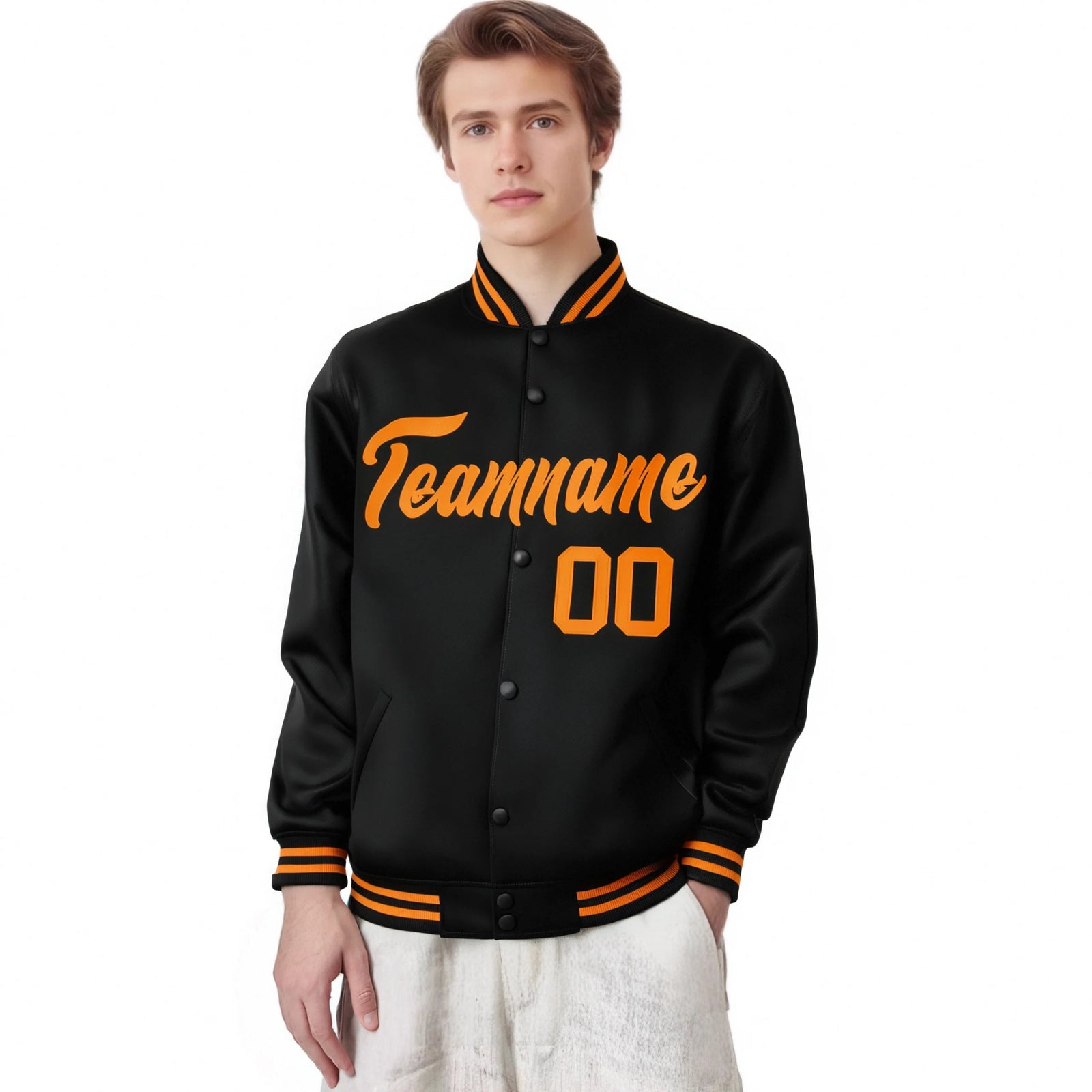 Custom Black Orange Bomber Full-Snap Varsity Letterman Jacket