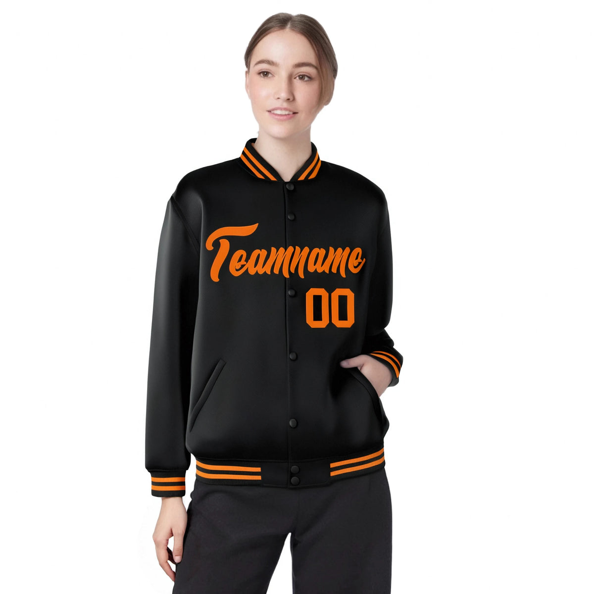 Custom Black Orange Bomber Full-Snap Varsity Letterman Jacket